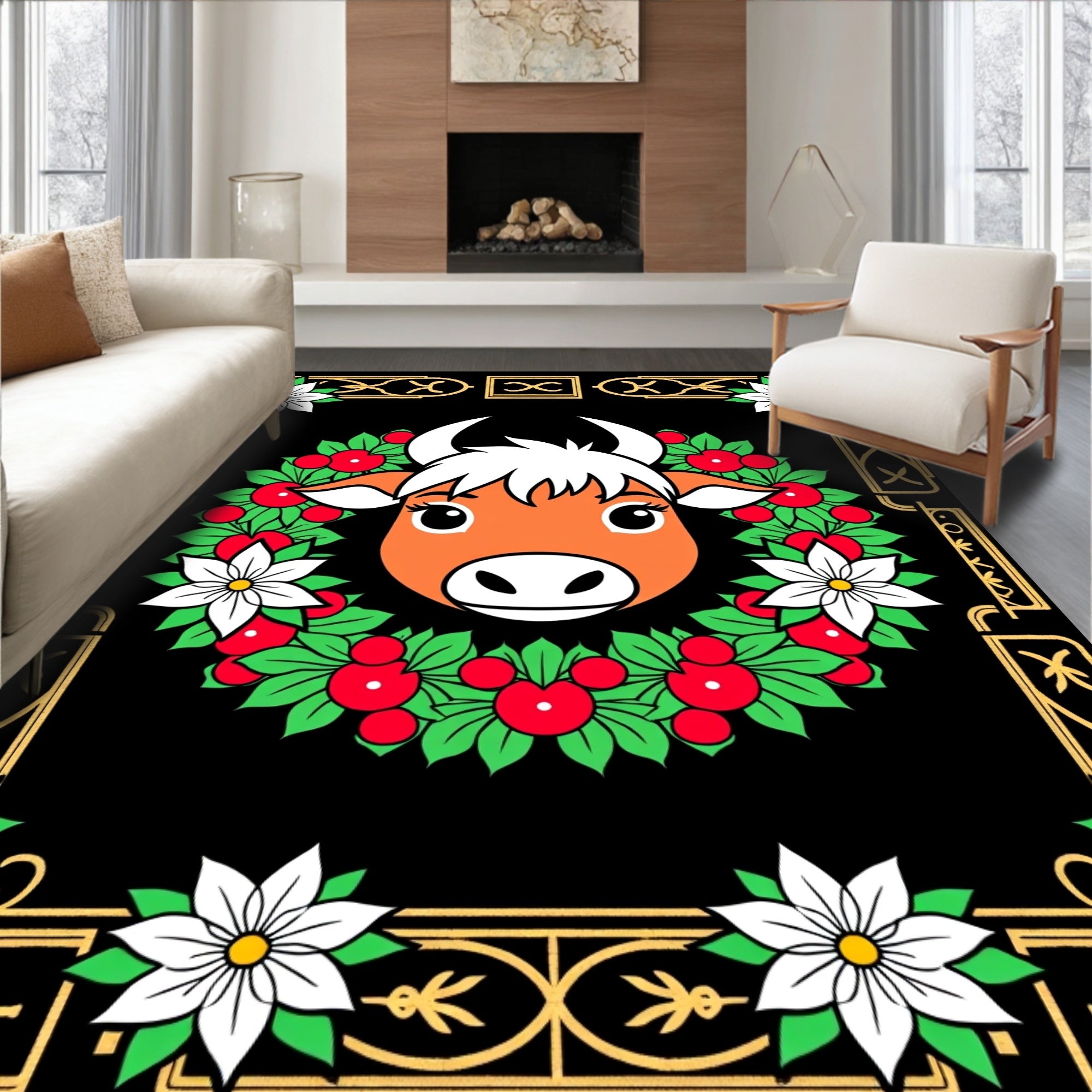 Orange Bull Christmas Wreath with Poinsettias Rug