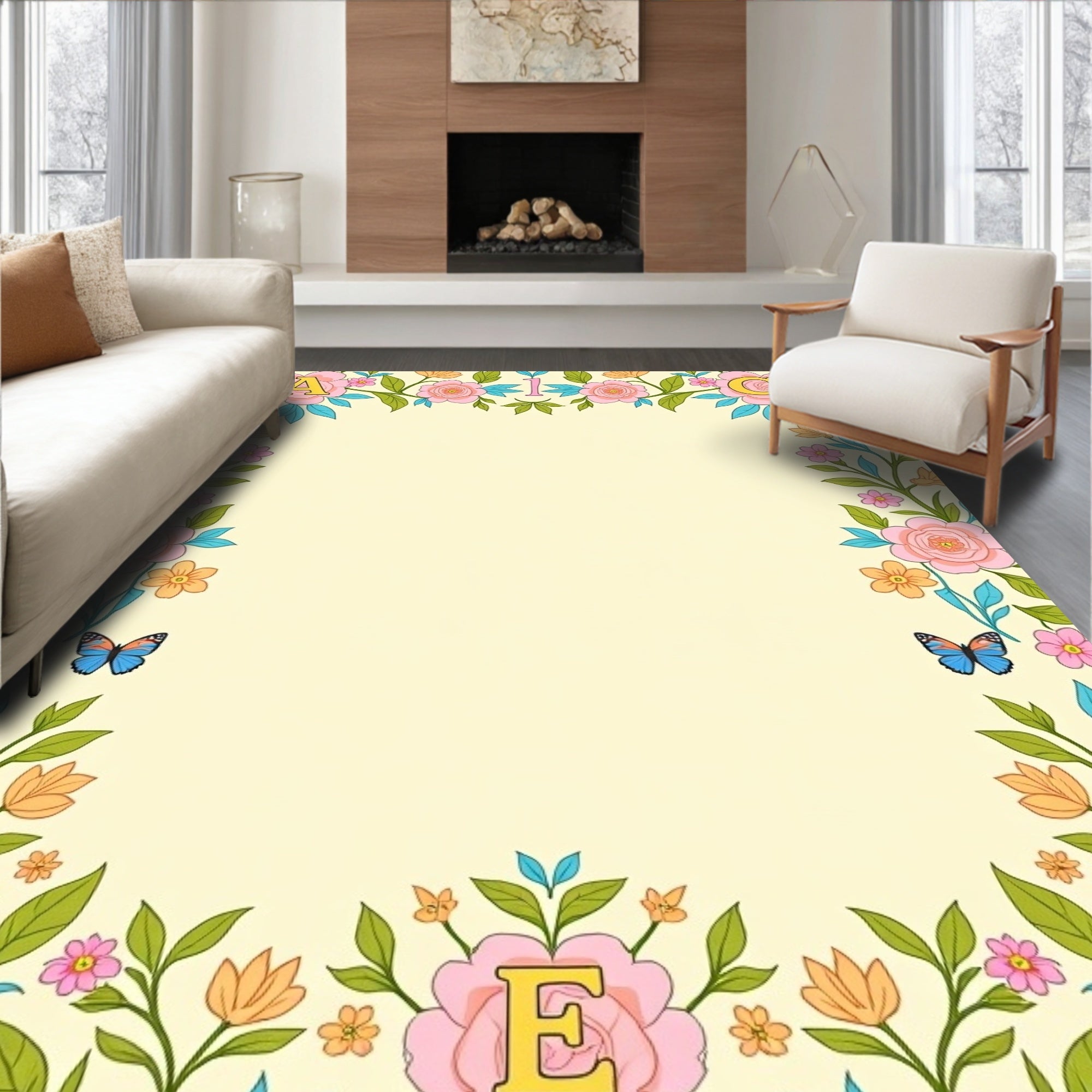Whimsical Pink Floral Border Butterflies Rug