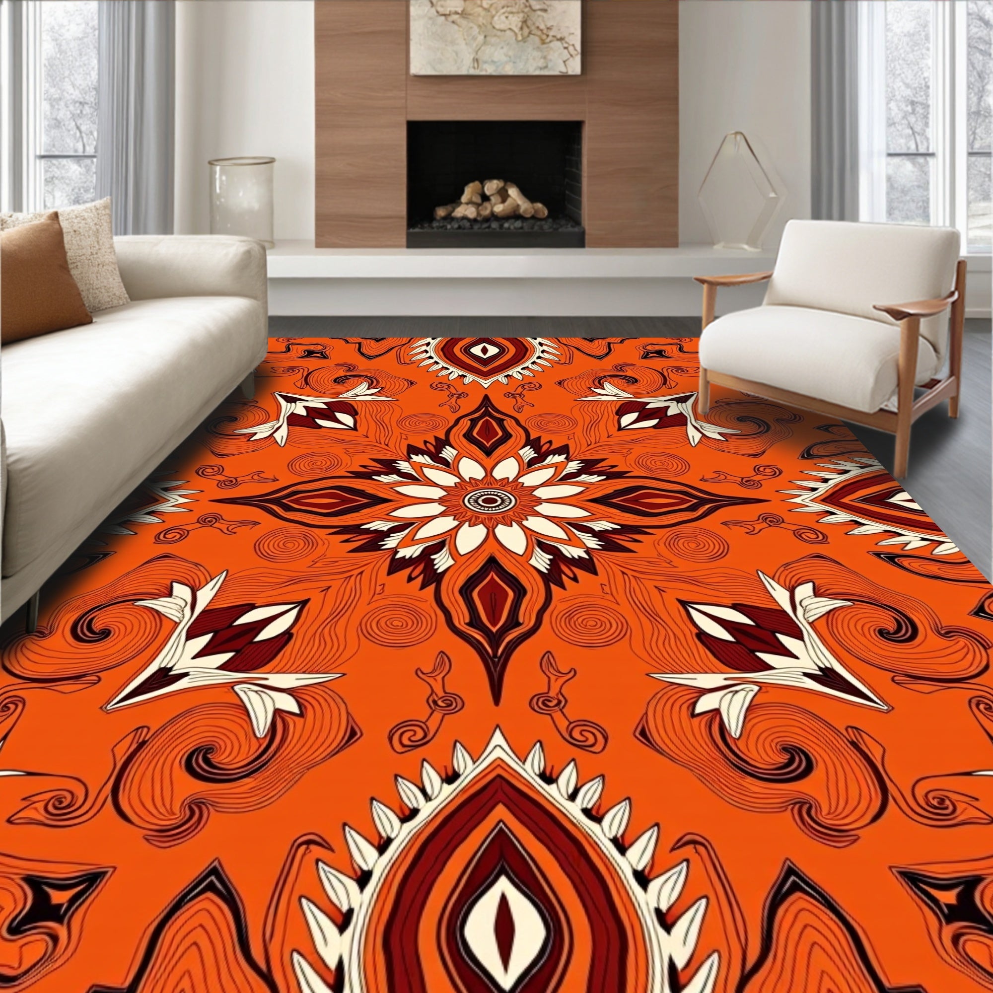 Vibrant Orange Folk Medallion Rug