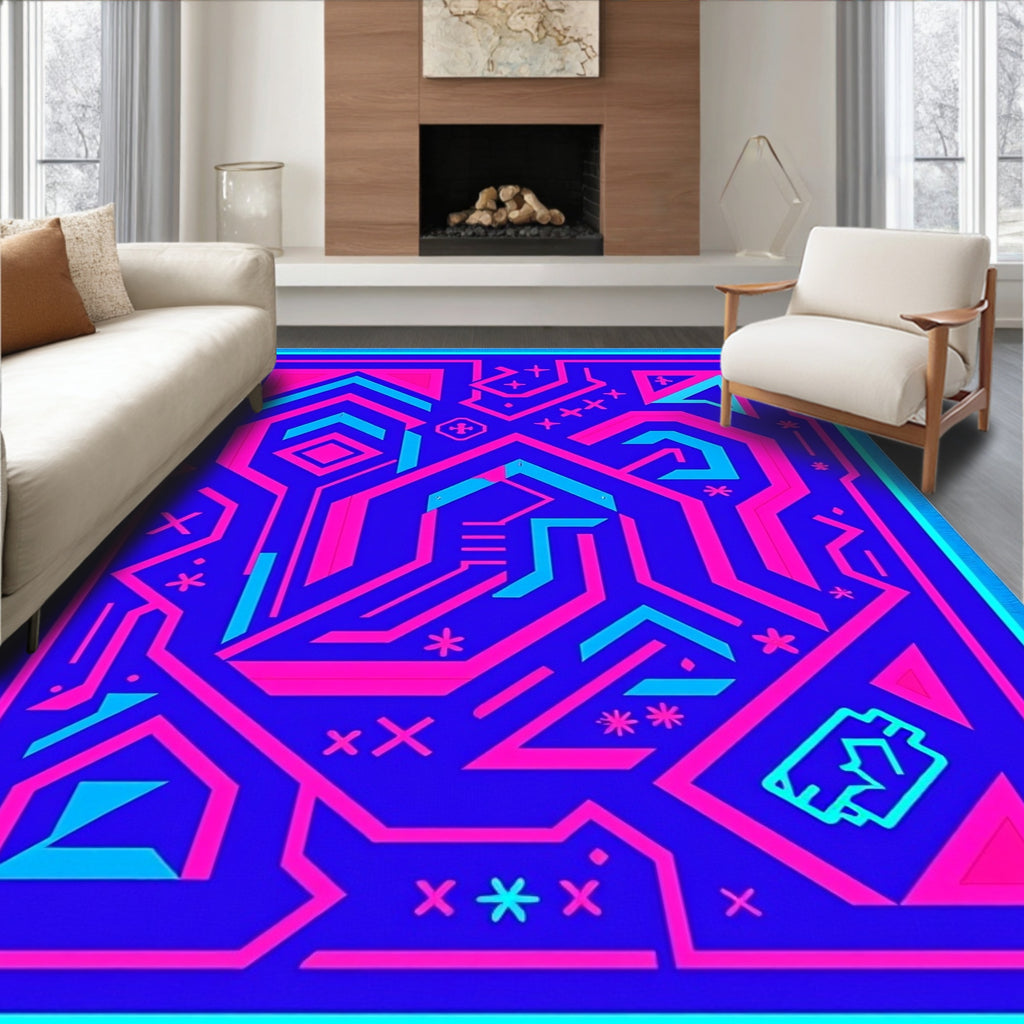 Vibrant Blue Pink Geometric Circuit Rug