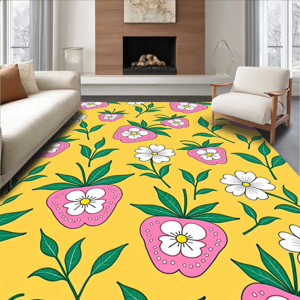 Pink Strawberry White Flower Yellow Background Rug
