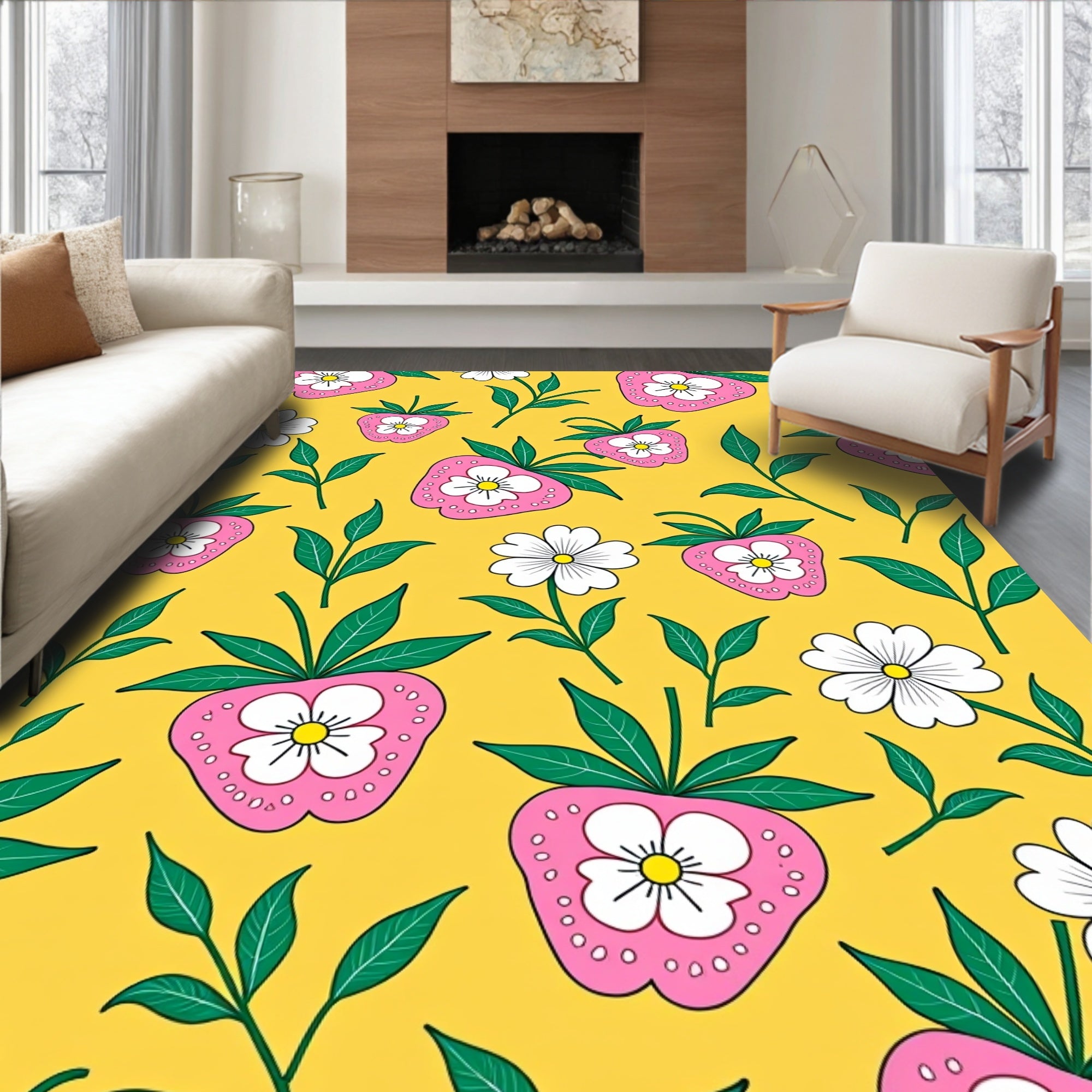 Pink Strawberry White Flower Yellow Background Rug