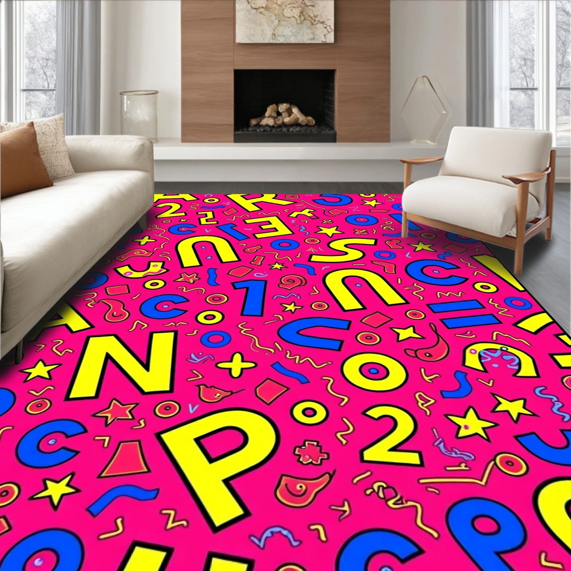 Retro Pink Multi-Color Alphabet Shapes Rug