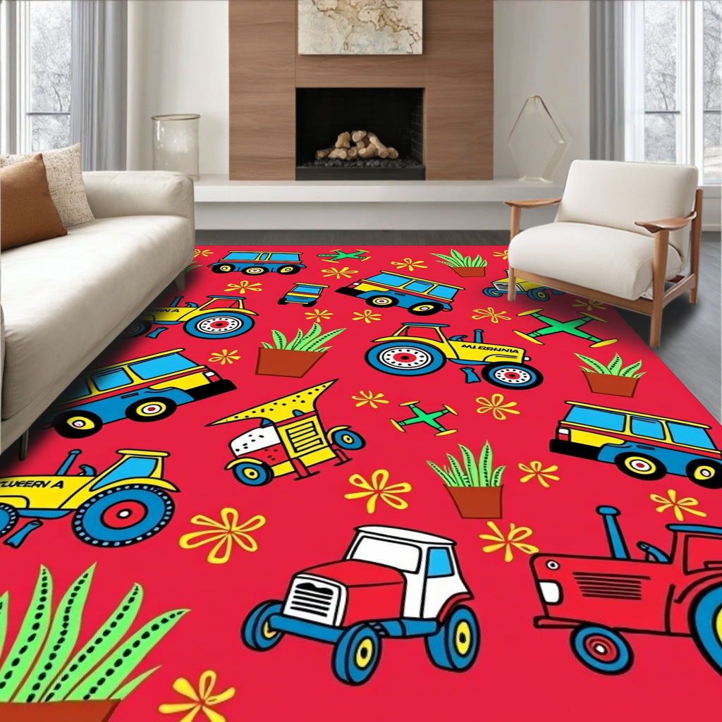 Whimsical Toy Vehicles and Flowers Rug