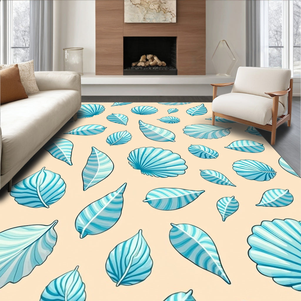 Aqua Seashell and Leaf Scatter Rug