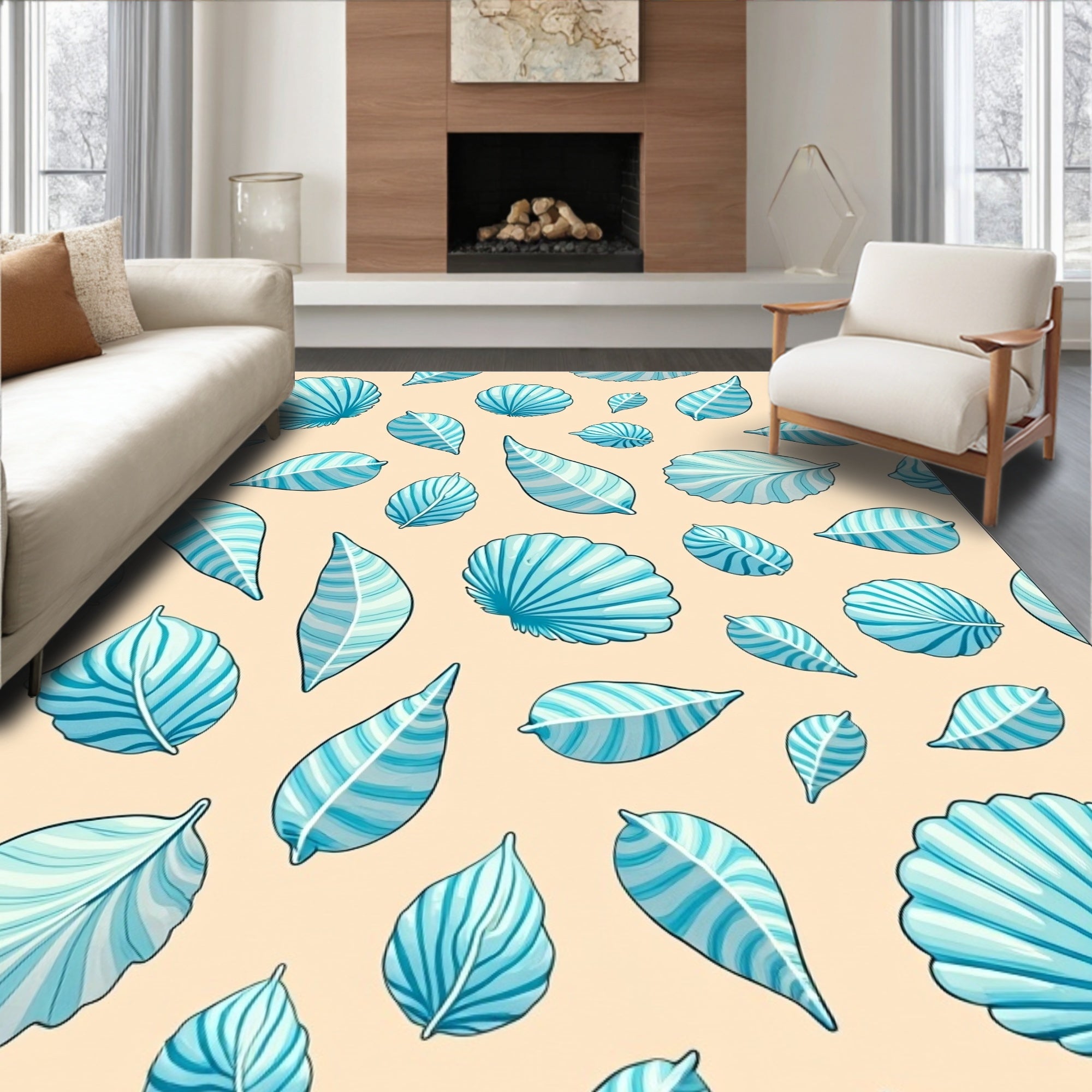 Aqua Seashell and Leaf Scatter Rug
