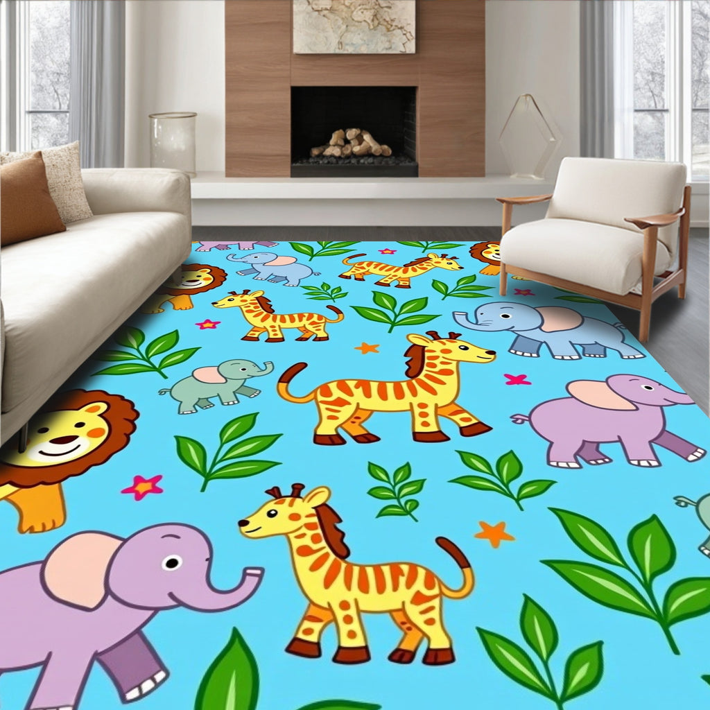 Playful Jungle Animals Safari Scene Rug