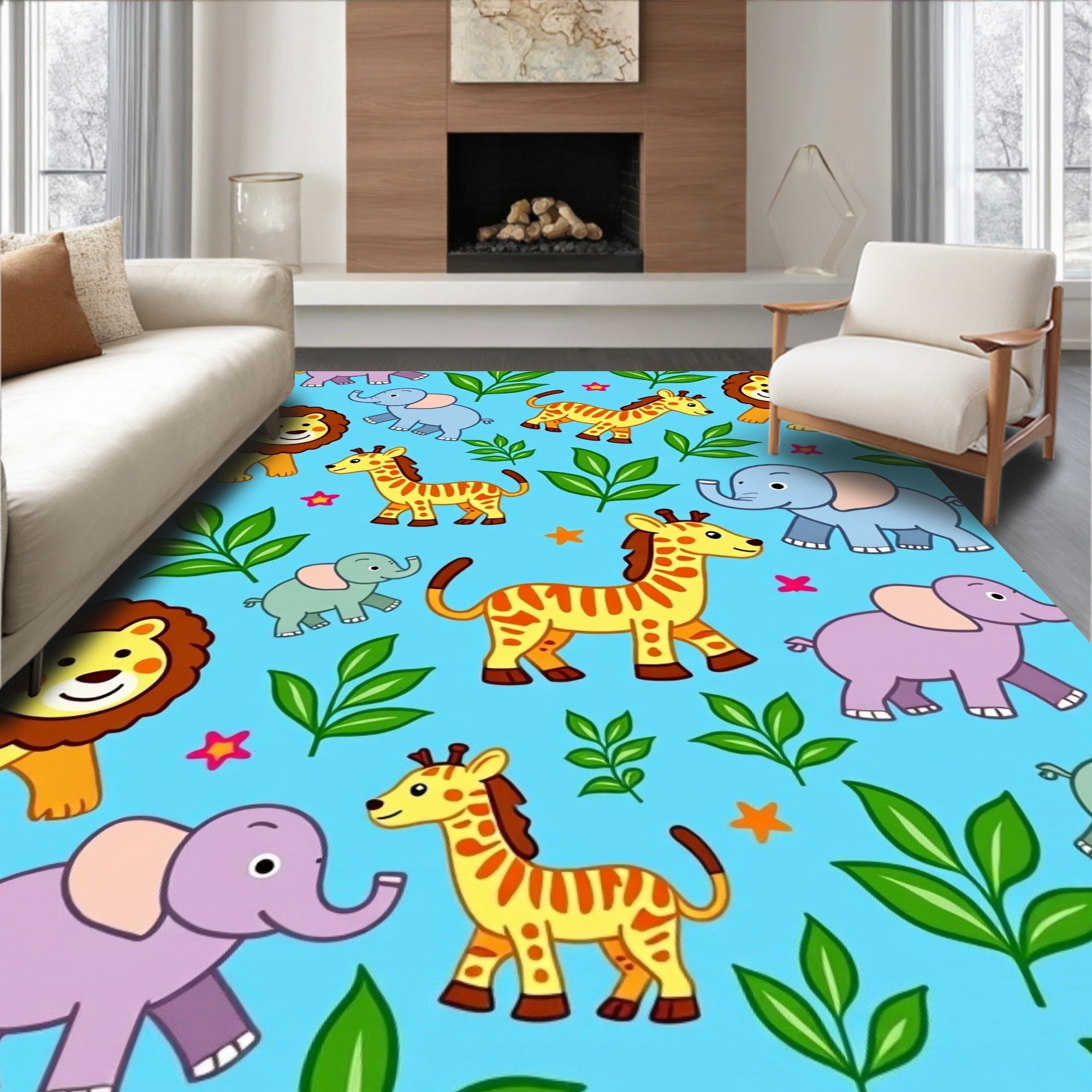 Playful Jungle Animals Safari Scene Rug