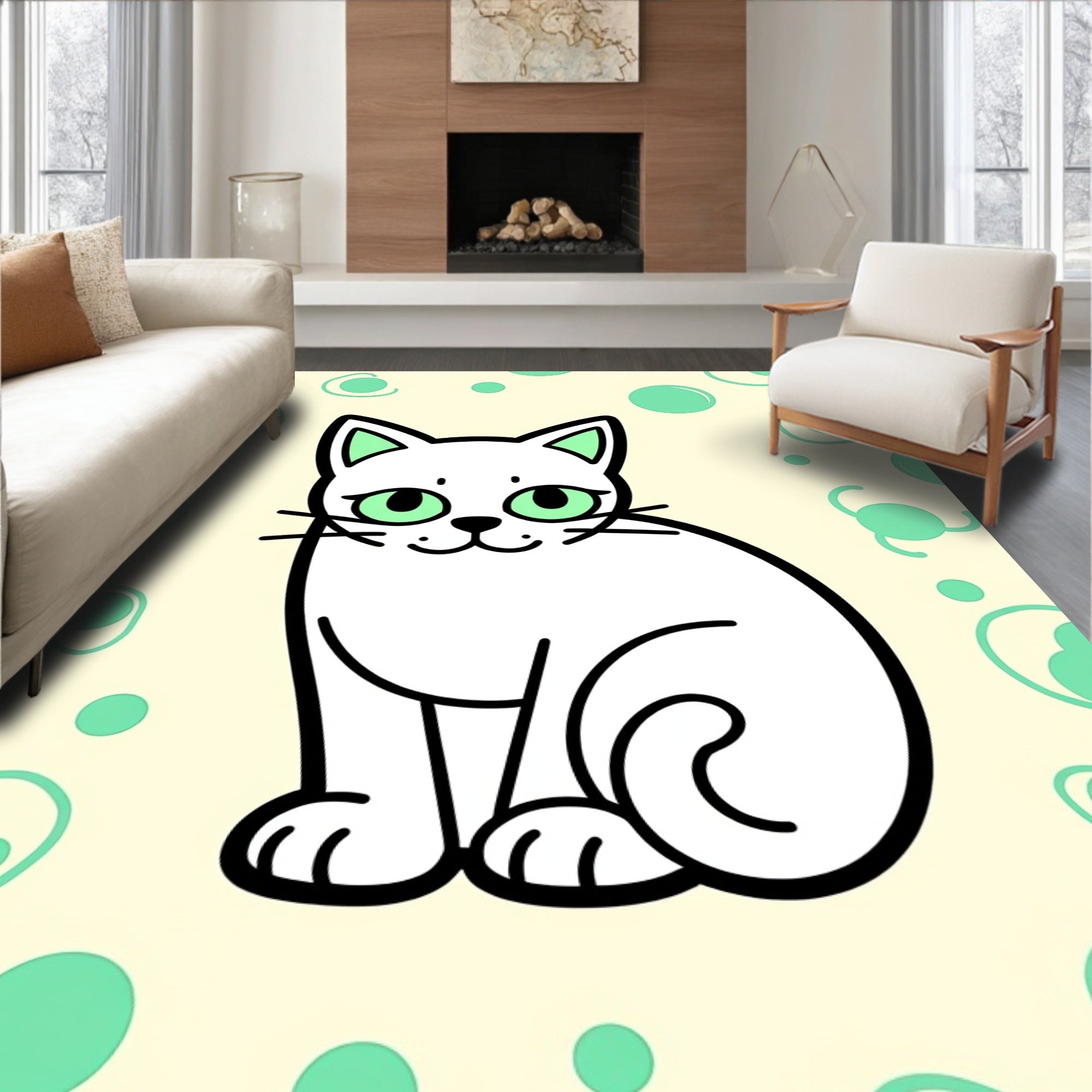 Cute White Cat Mint Bubble Background Rug