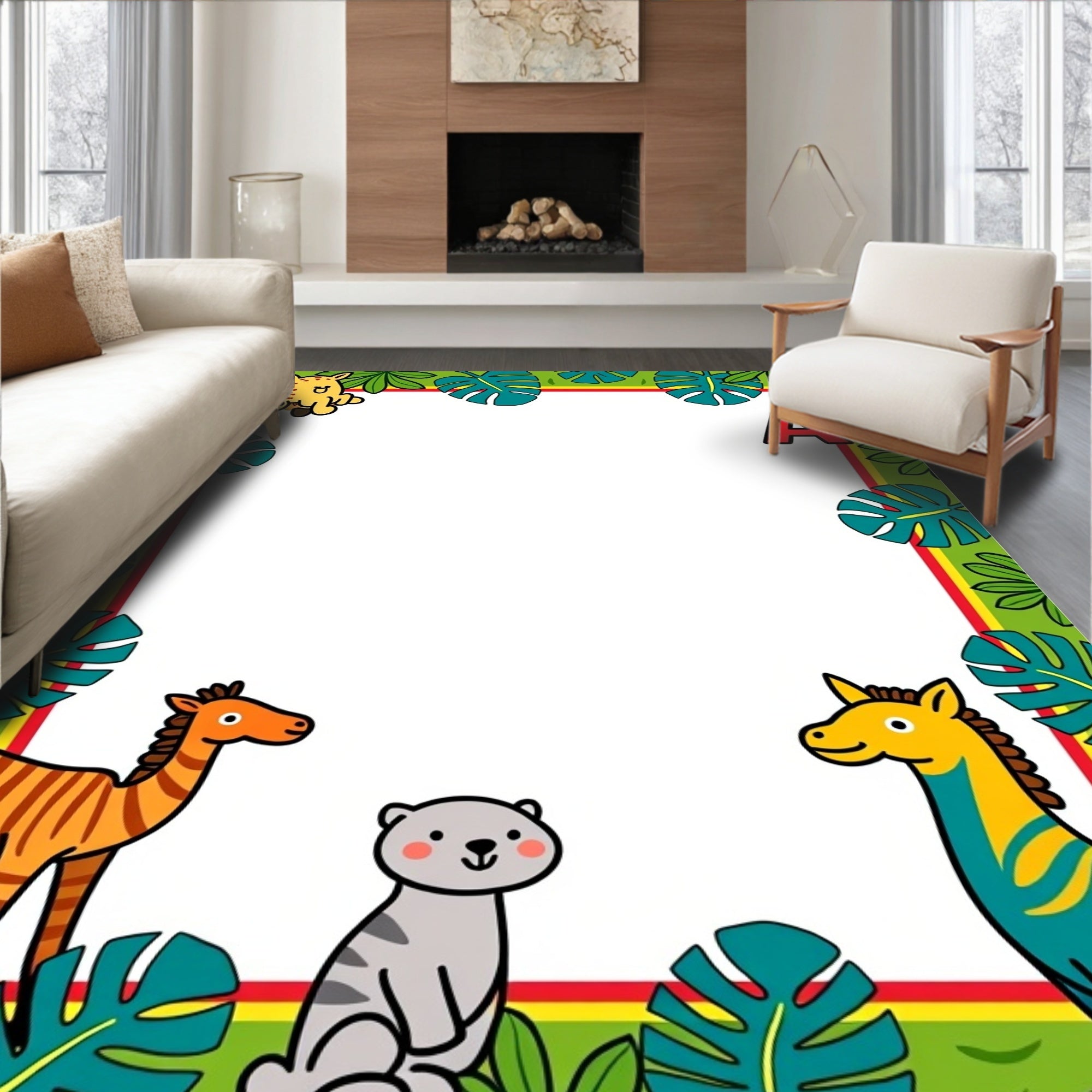 Whimsical Jungle Animals Alphabet Border Rug