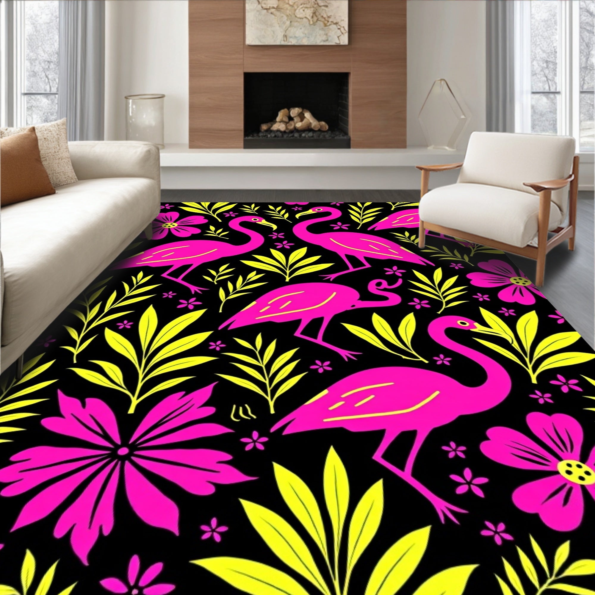 Vibrant Pink Flamingo Tropical Leaf Rug