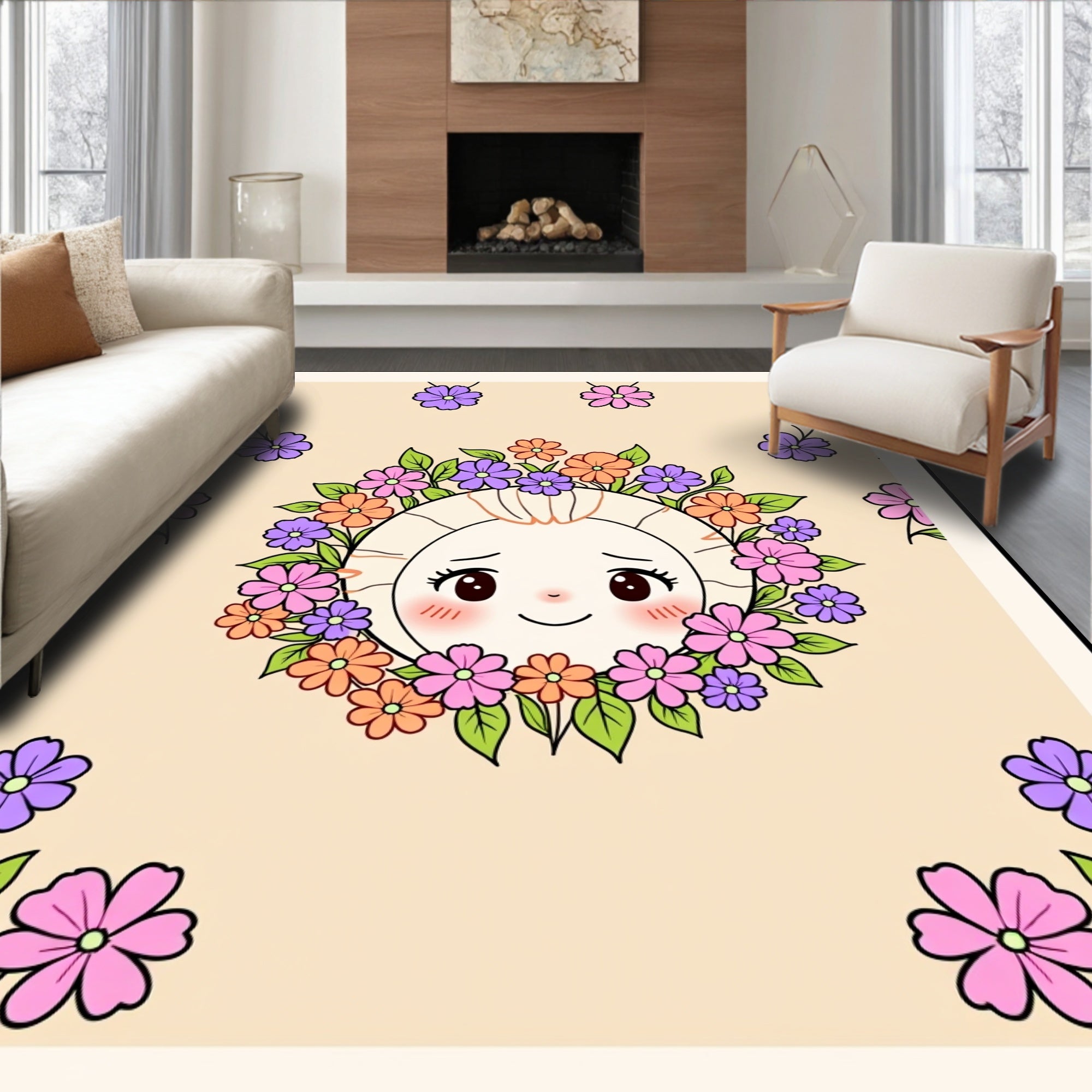 Sunny Face Floral Garland Round Rug