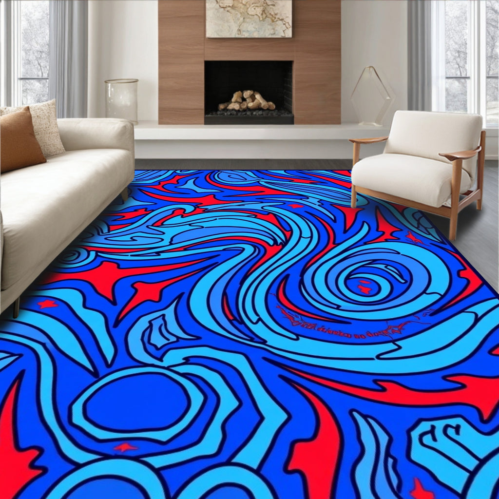 Vibrant Blue Swirl Crimson Abstract Rug