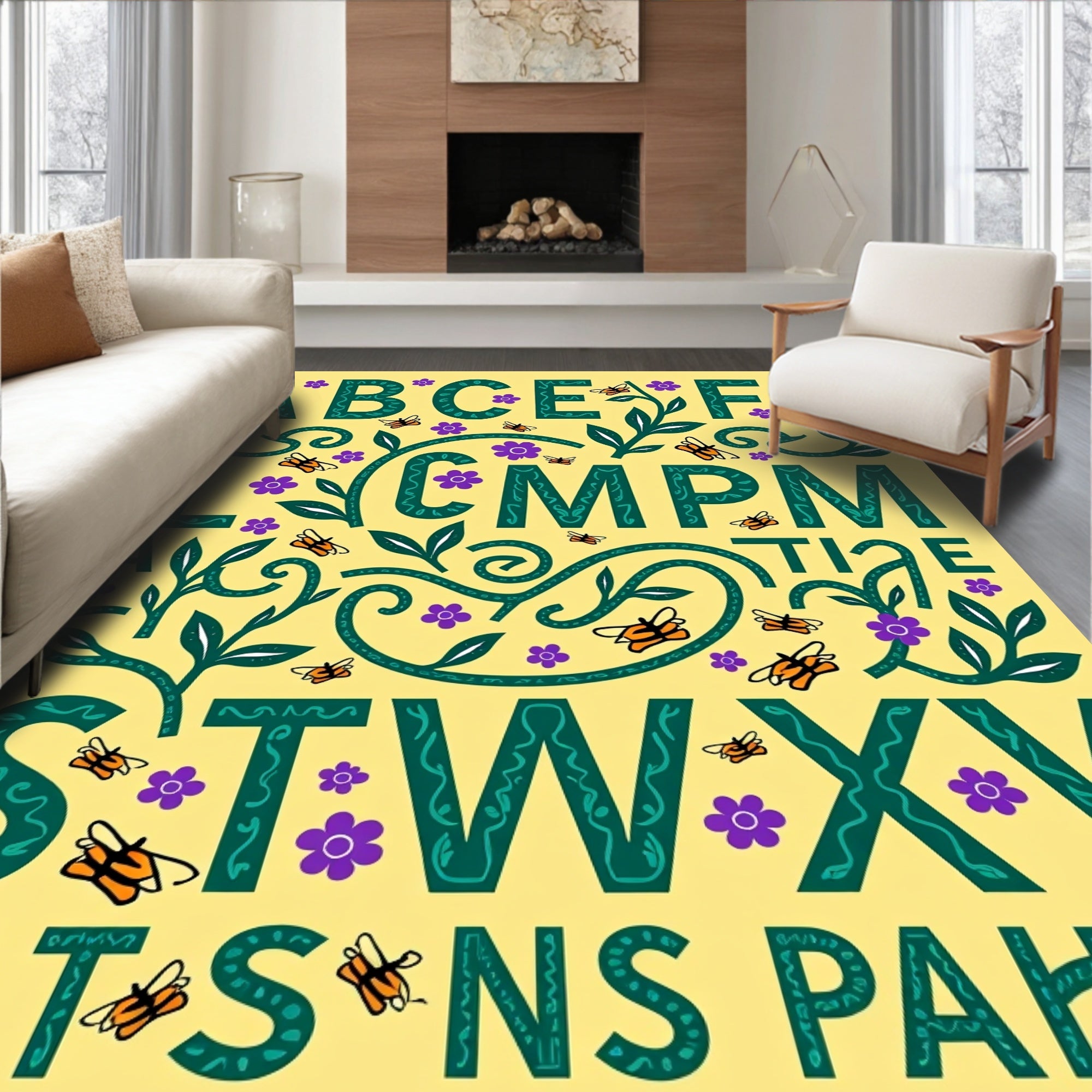 Alphabet Garden Butterflies Whimsical Folk Rug