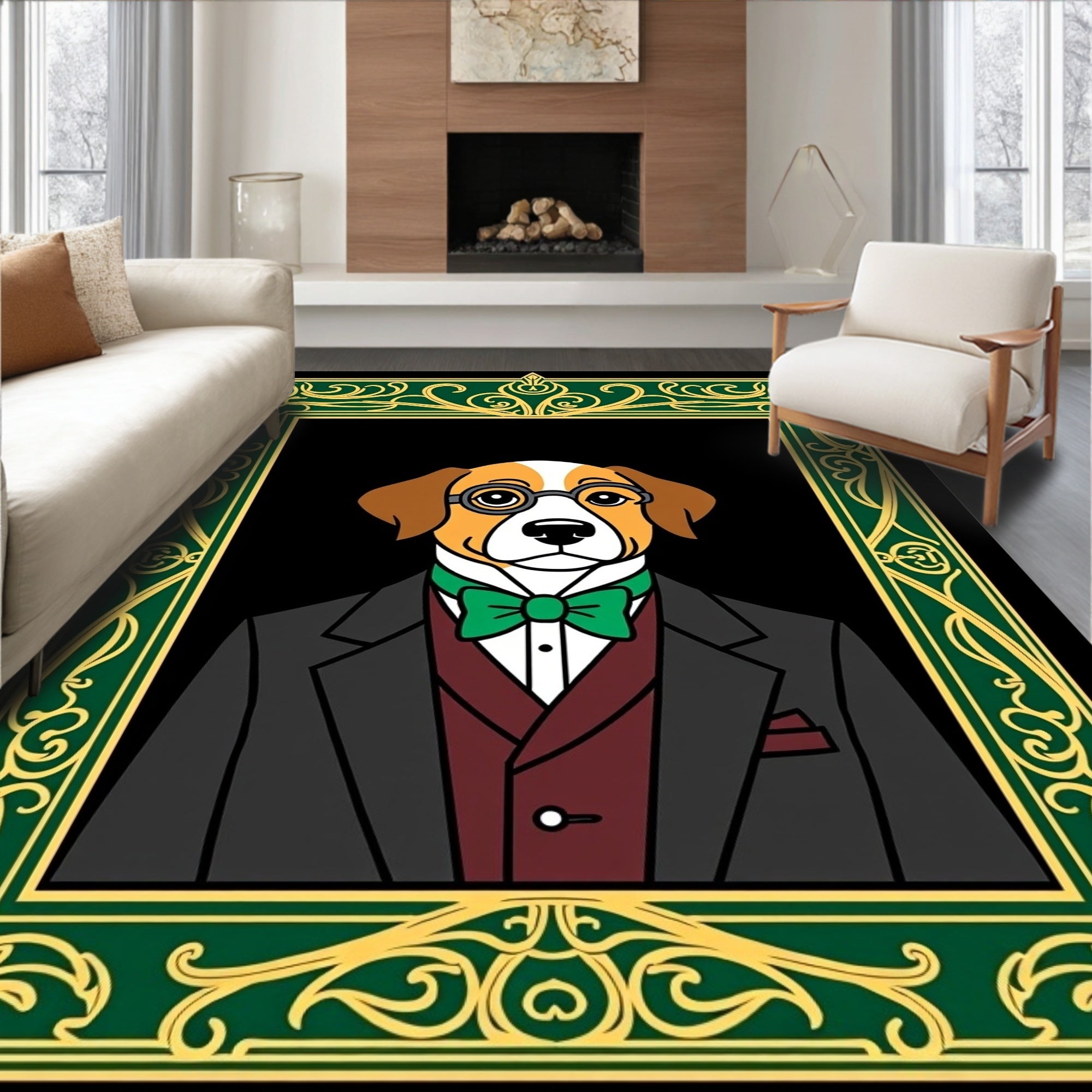 Dapper Dog Portrait Green Gold Frame Rug