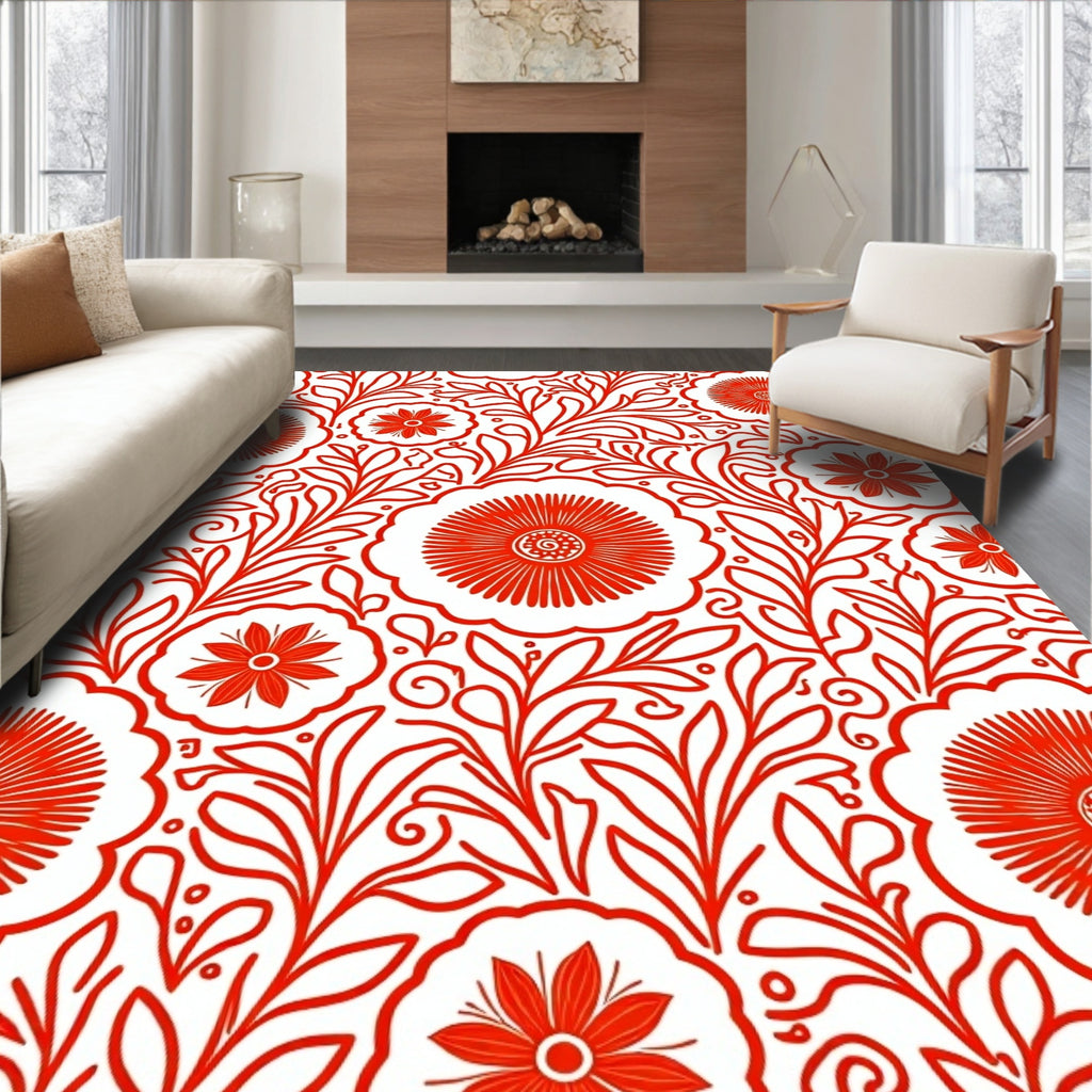 Vibrant Red Folk Floral Swirls Rug