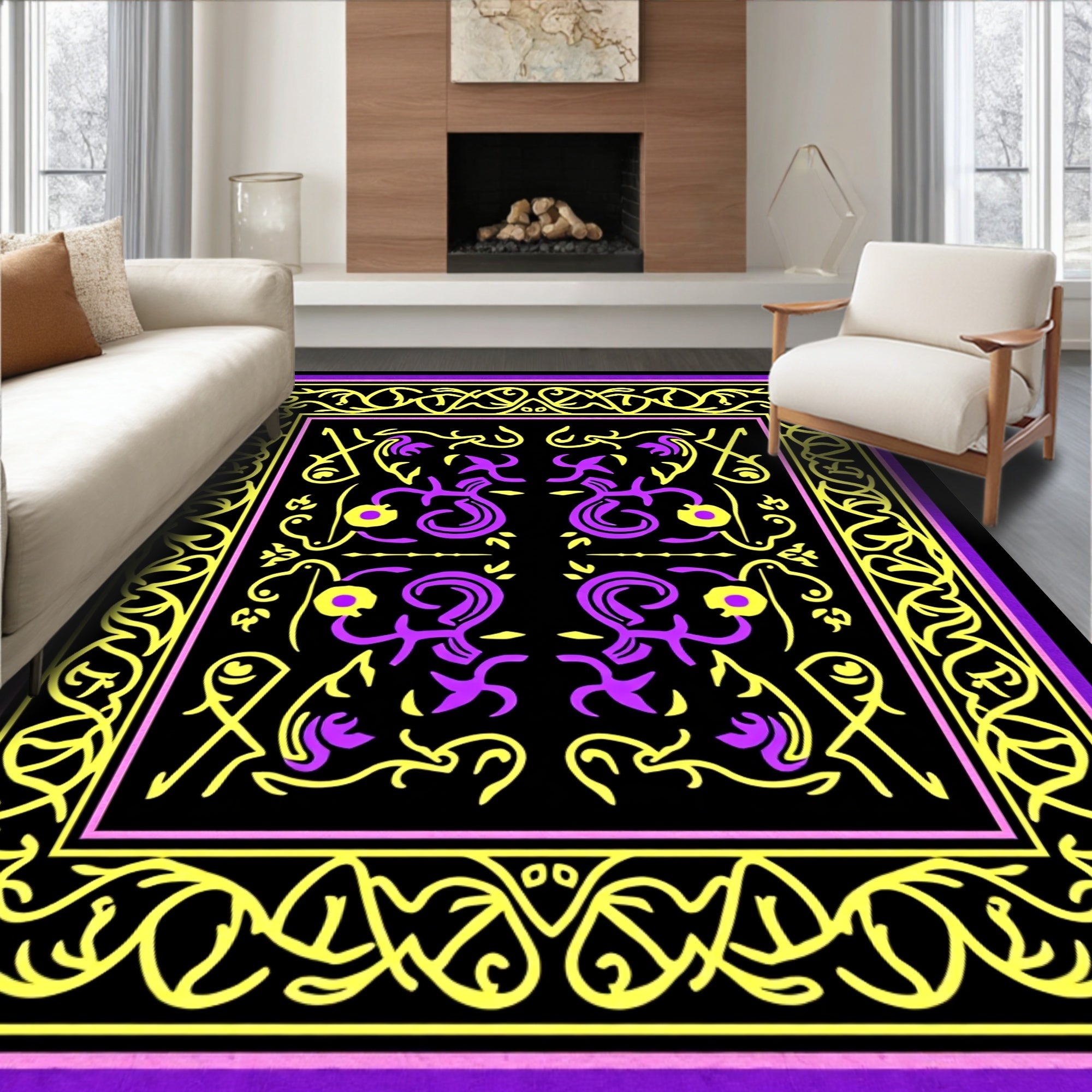 Vibrant Yellow Purple Intertwined Vines Rug