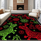Red Green Dinosaur Floral Collage Rug