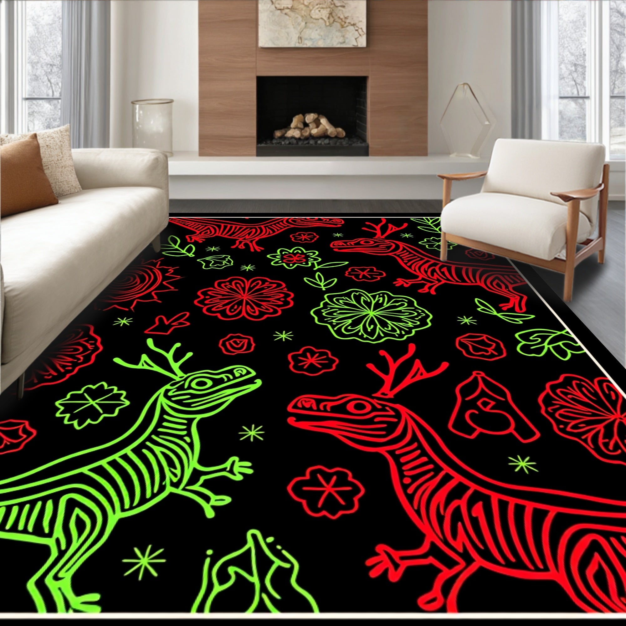 Red Green Dinosaur Floral Collage Rug