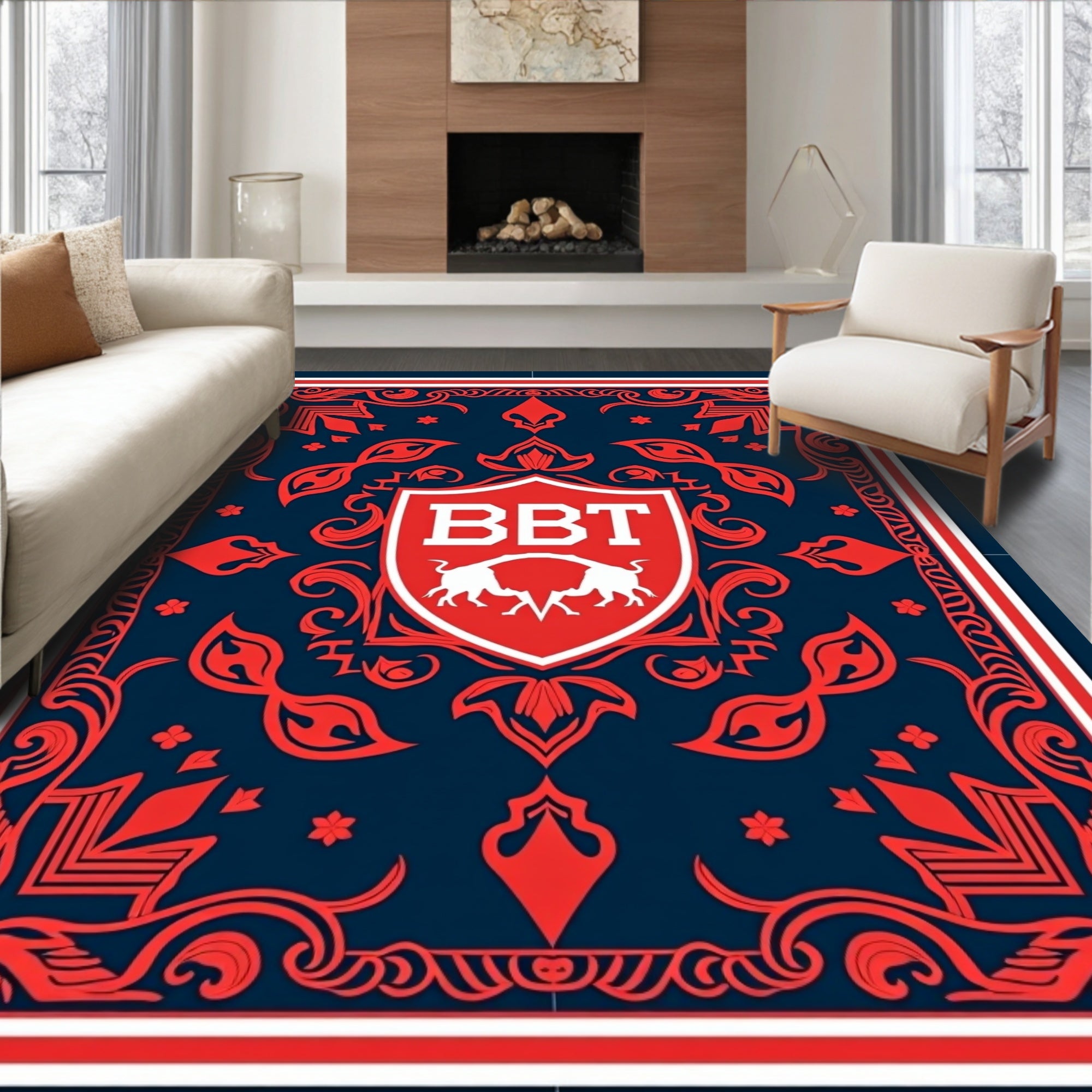 Red Fiery Bulls Emblem Navy Rug