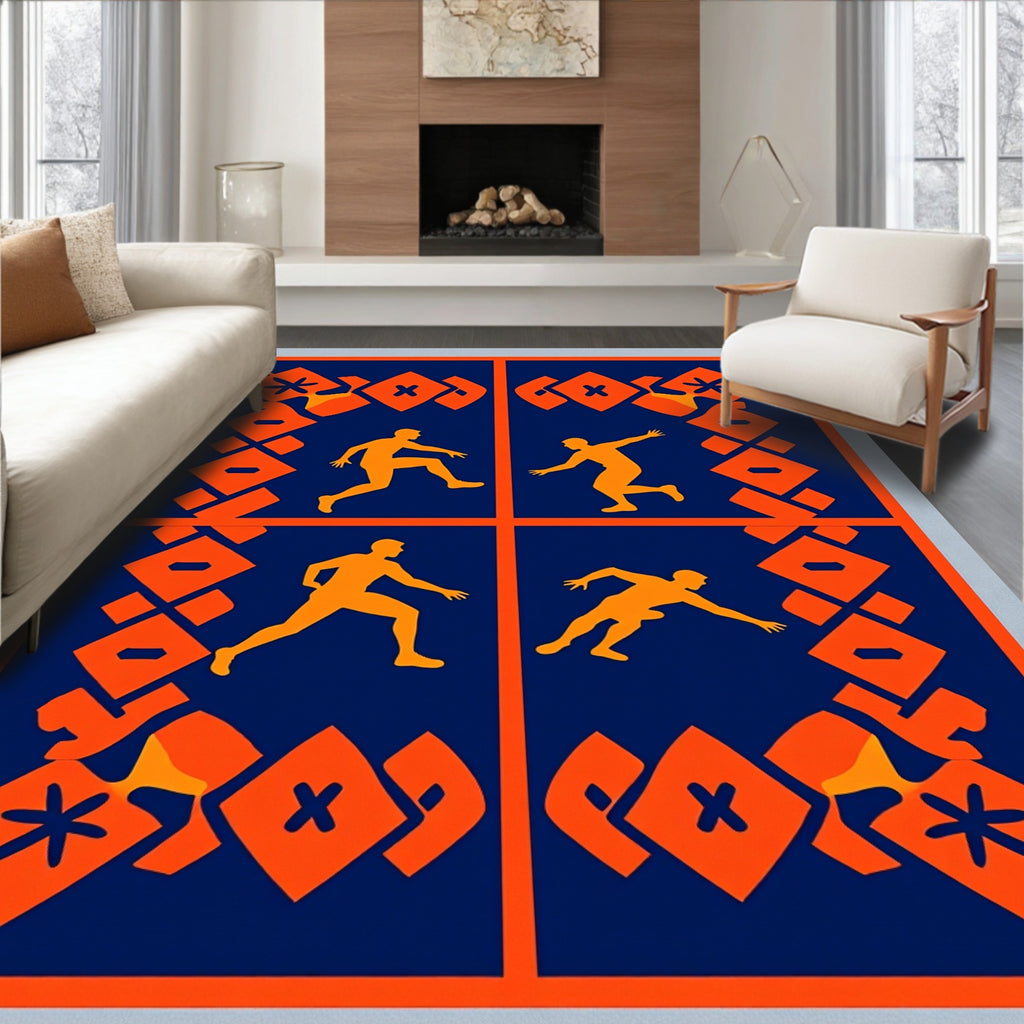 Orange Figures Blue Geometric Narrative Rug