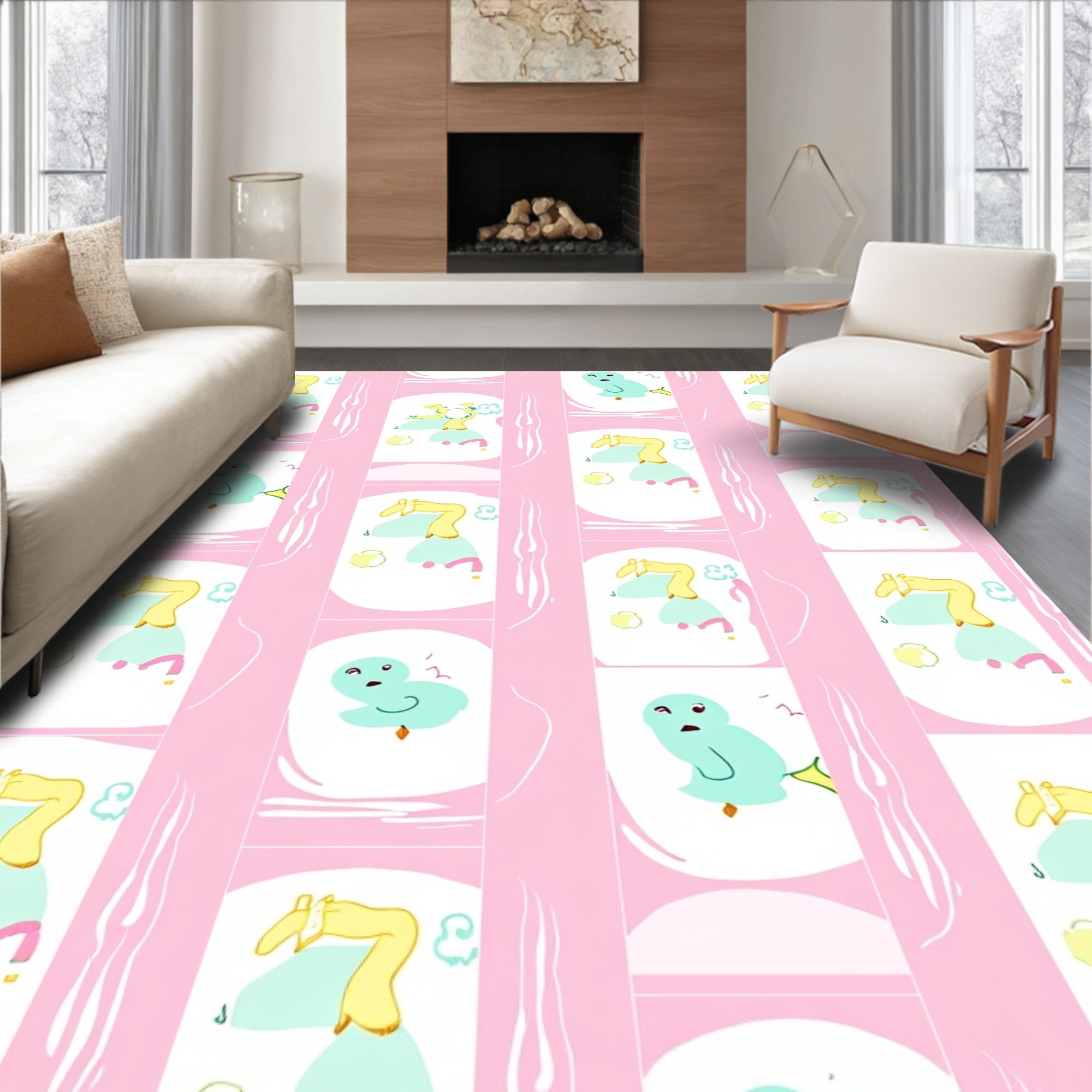 Whimsical Pink Mint Blue Characters Rug