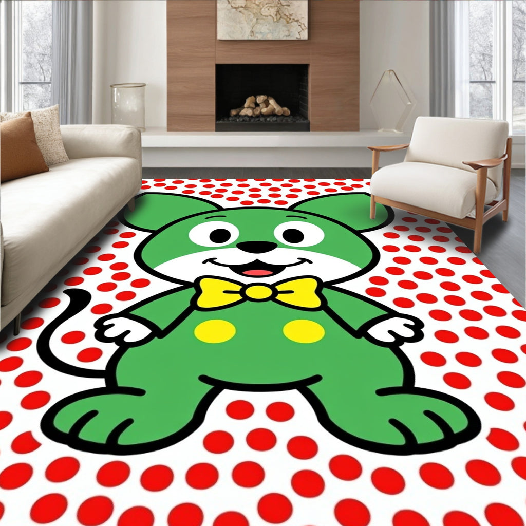 Green Mouse Yellow Bow Red Dots Rug