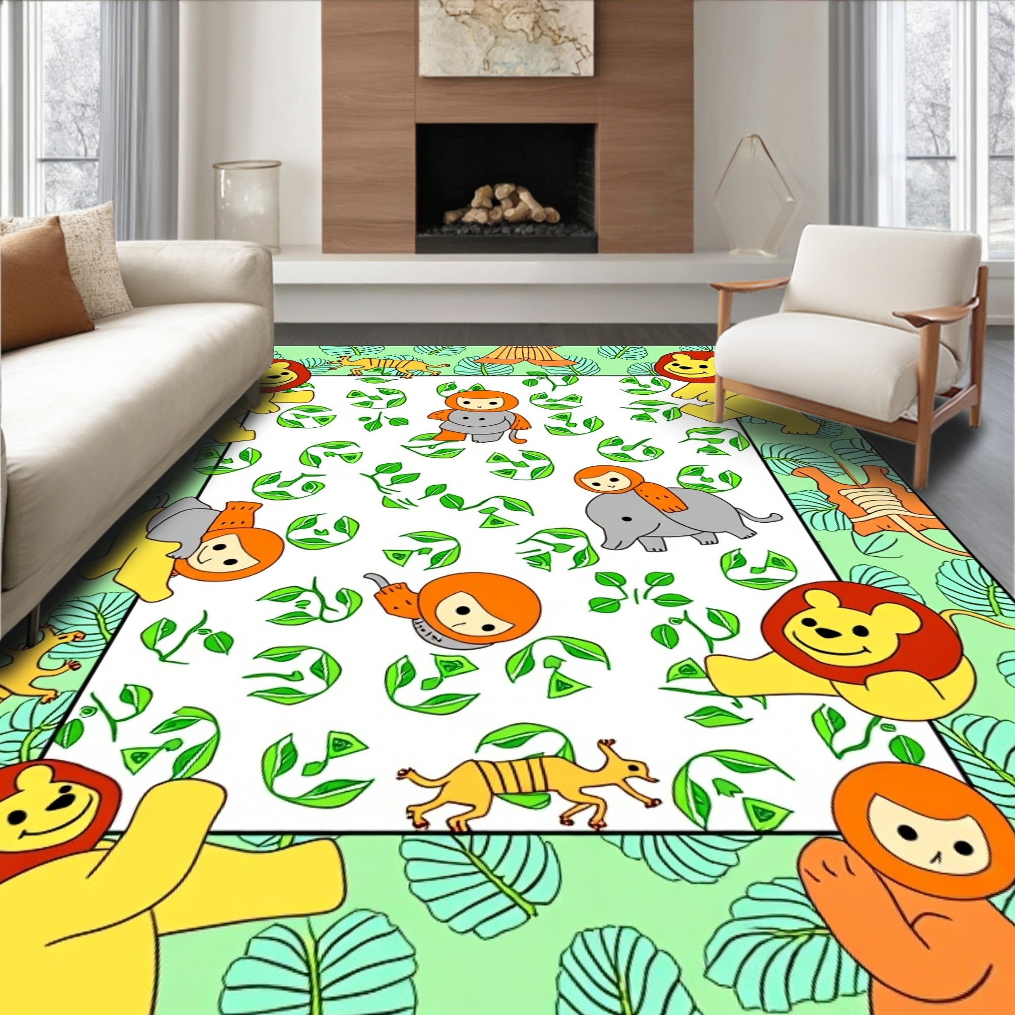 Playful Jungle Animals Green Leaf Border Rug