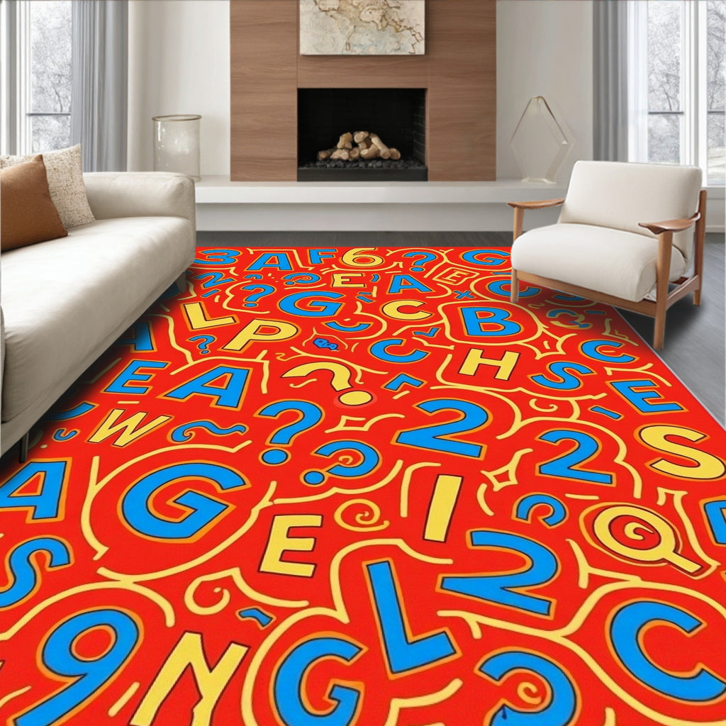 Red Alphabet Question Mark Collage Rug