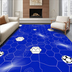Vibrant Blue Soccer Hexagon Balls Rug