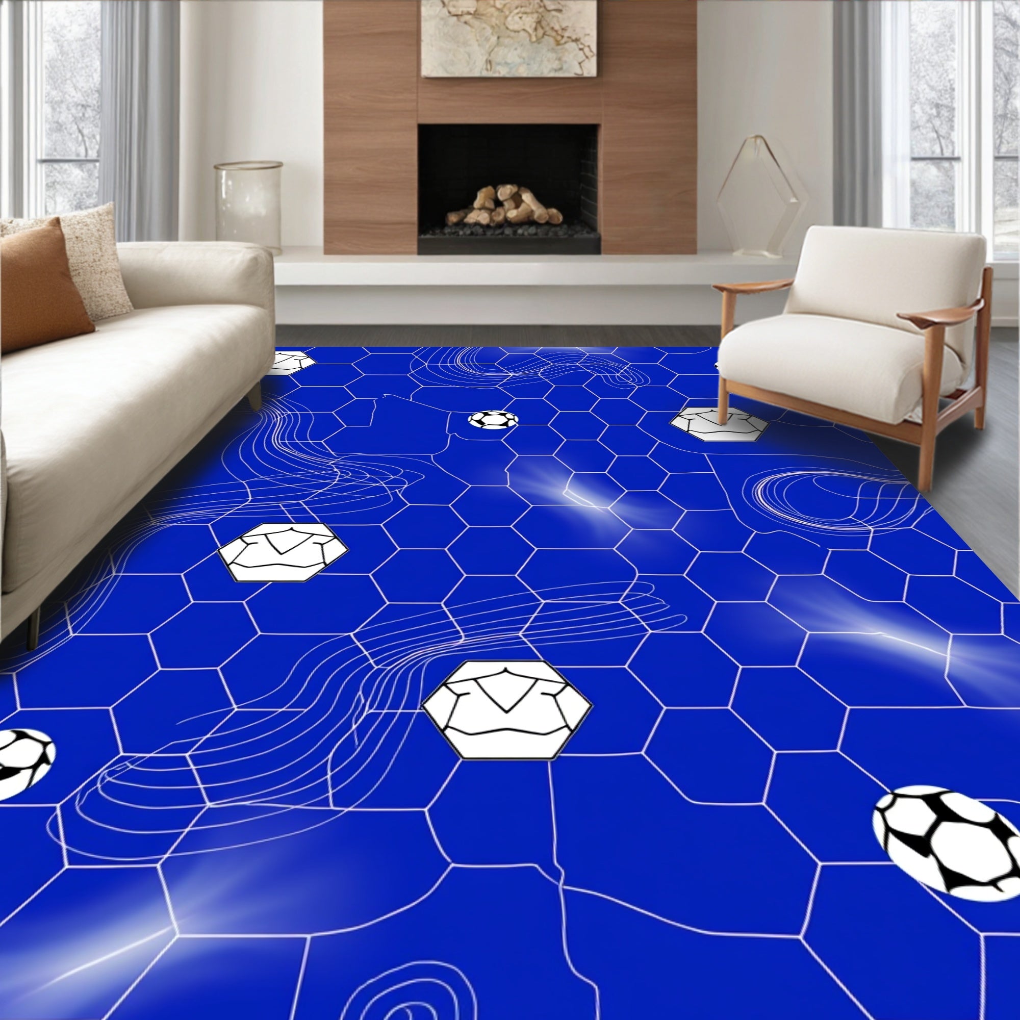 Vibrant Blue Soccer Hexagon Balls Rug