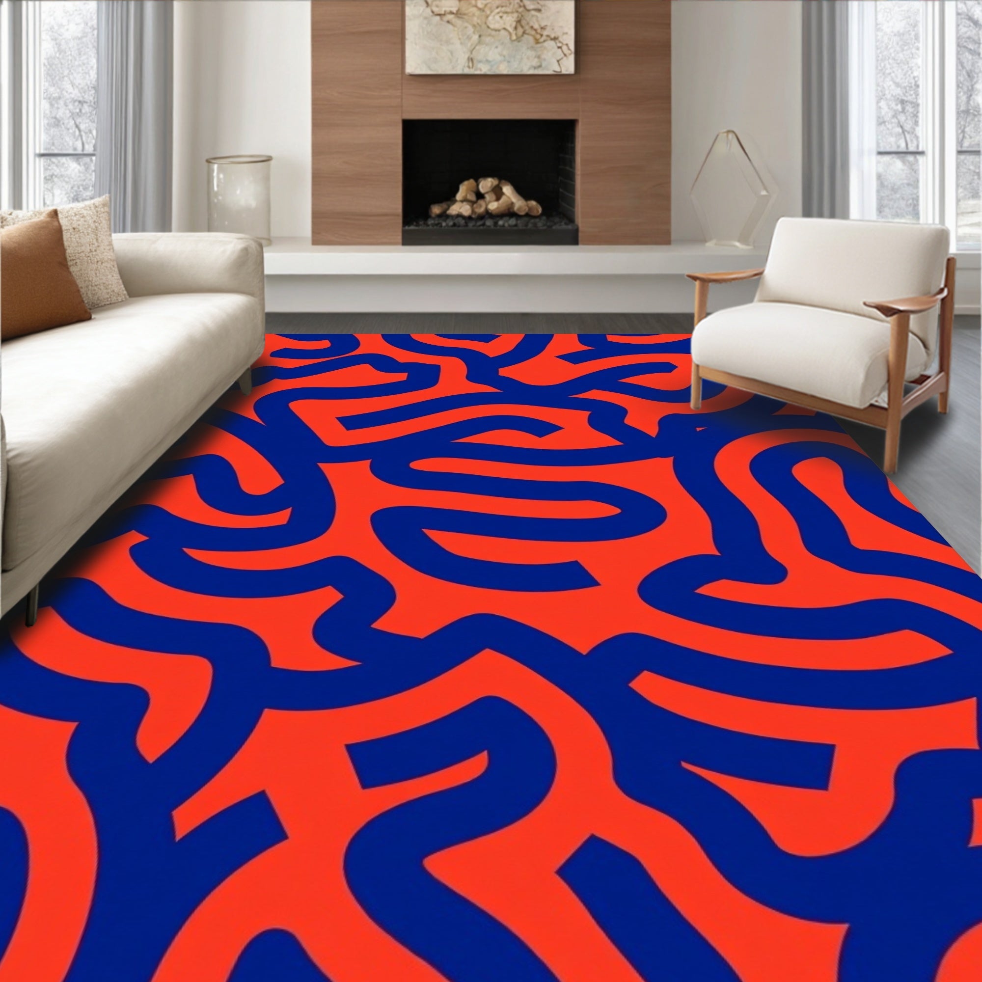 Bold Blue Abstract Organic Lines Rug