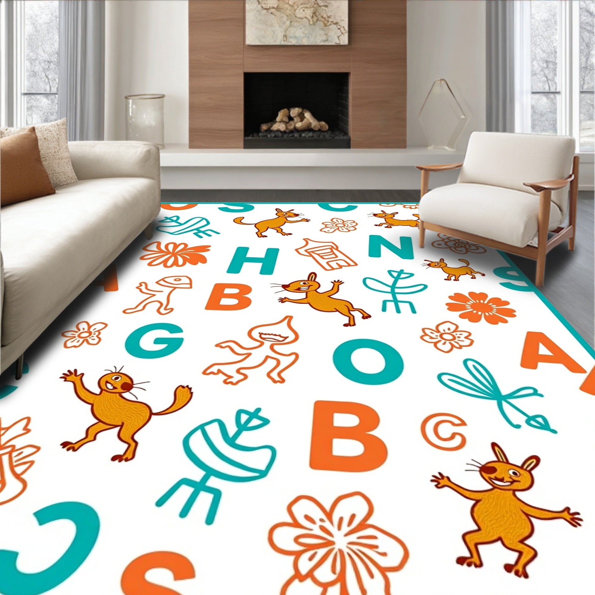 Whimsical Orange Blue Animals Letters Rug