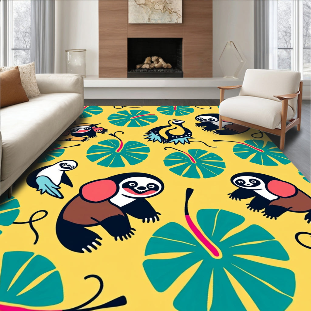 Whimsical Yellow Tropical Sloth Birds Rug