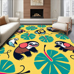 Whimsical Yellow Tropical Sloth Birds Rug
