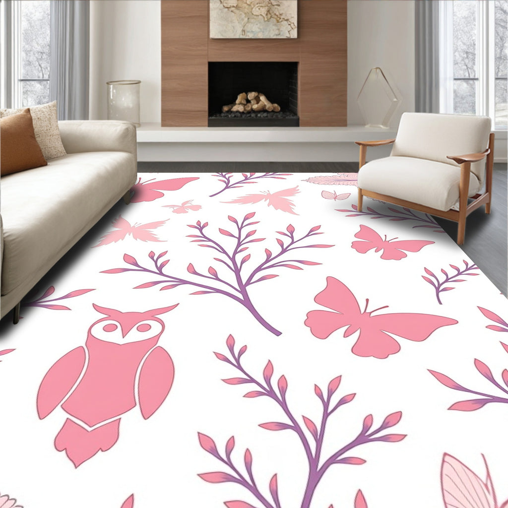 Pink Butterfly and Owl Garden Whimsy Rug