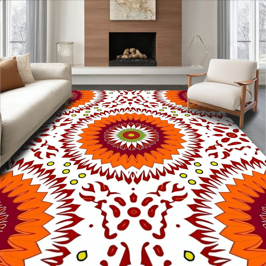 Vibrant Red Orange Sunburst Mandala Rug