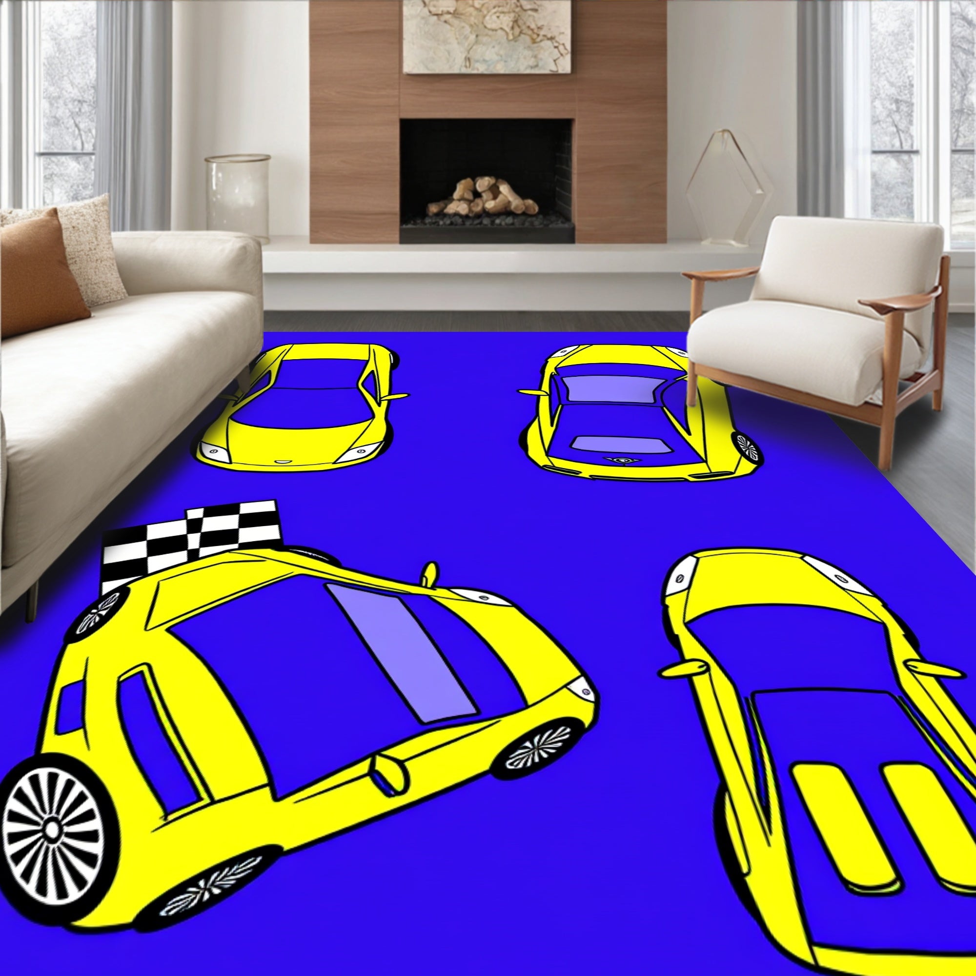 Yellow Sports Cars Racing Collection Rug