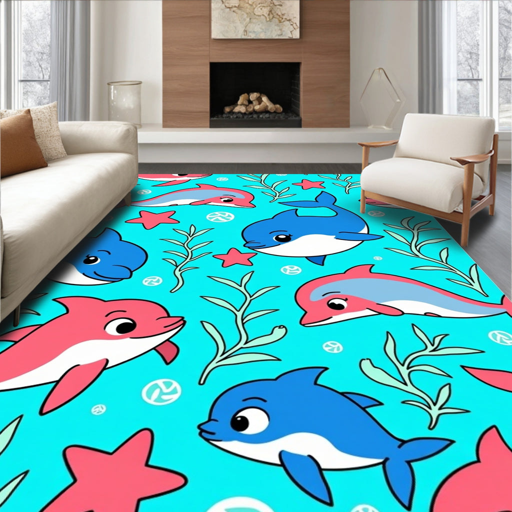 Playful Coral Blue Dolphin Ocean Friends Rug