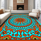 Vivid Orange Sun Mandala Turquoise Rug