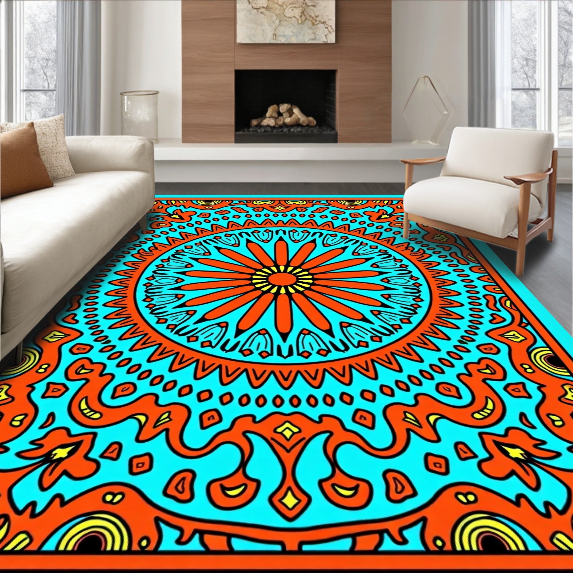 Vivid Orange Sun Mandala Turquoise Rug