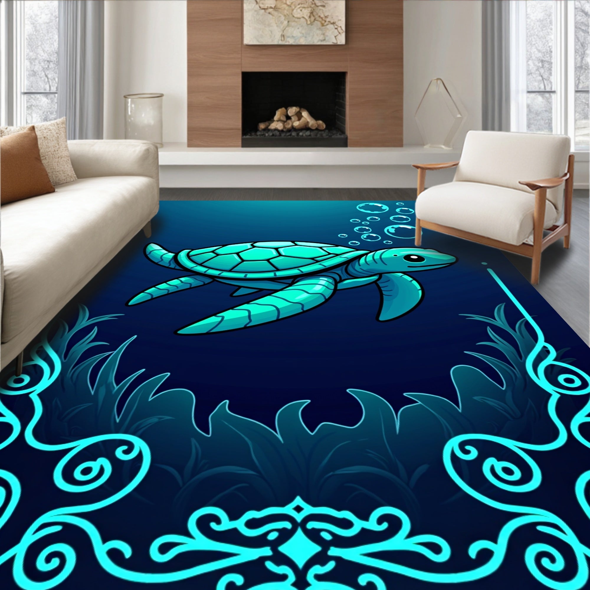 Aqua Turtle Ocean Bubbles Frame Rug