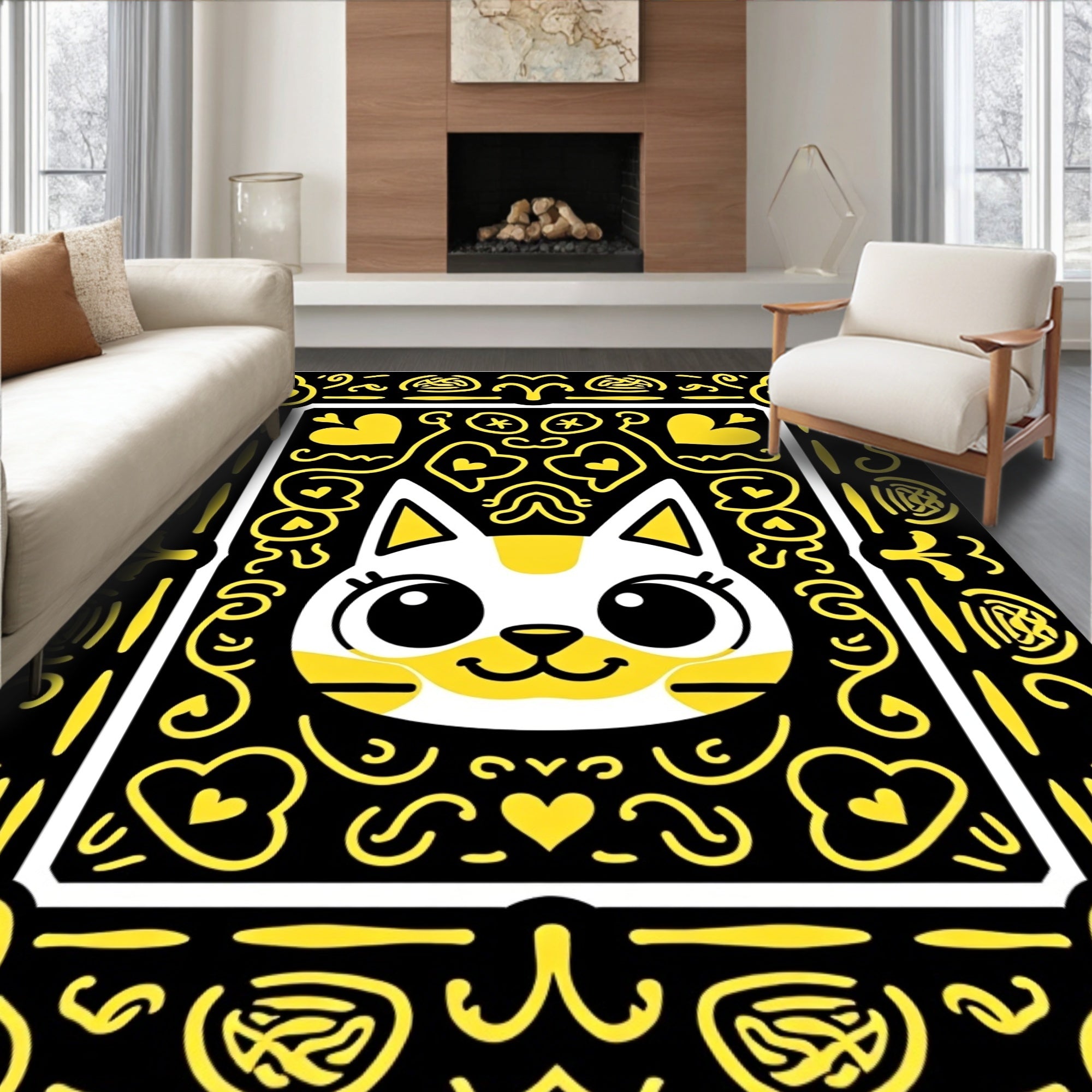 Cute Yellow Cat Hearts Whimsical Rug