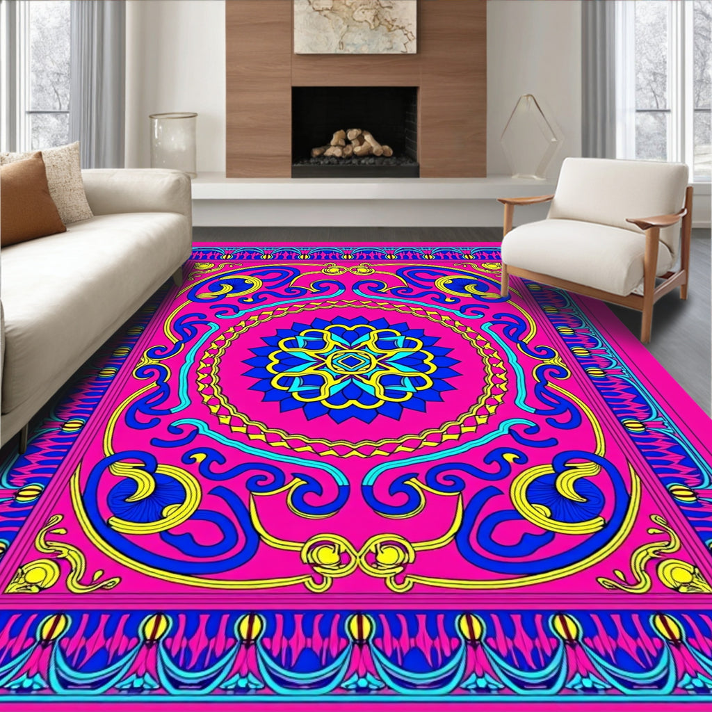 Vibrant Pink Blue Yellow Medallion Rug