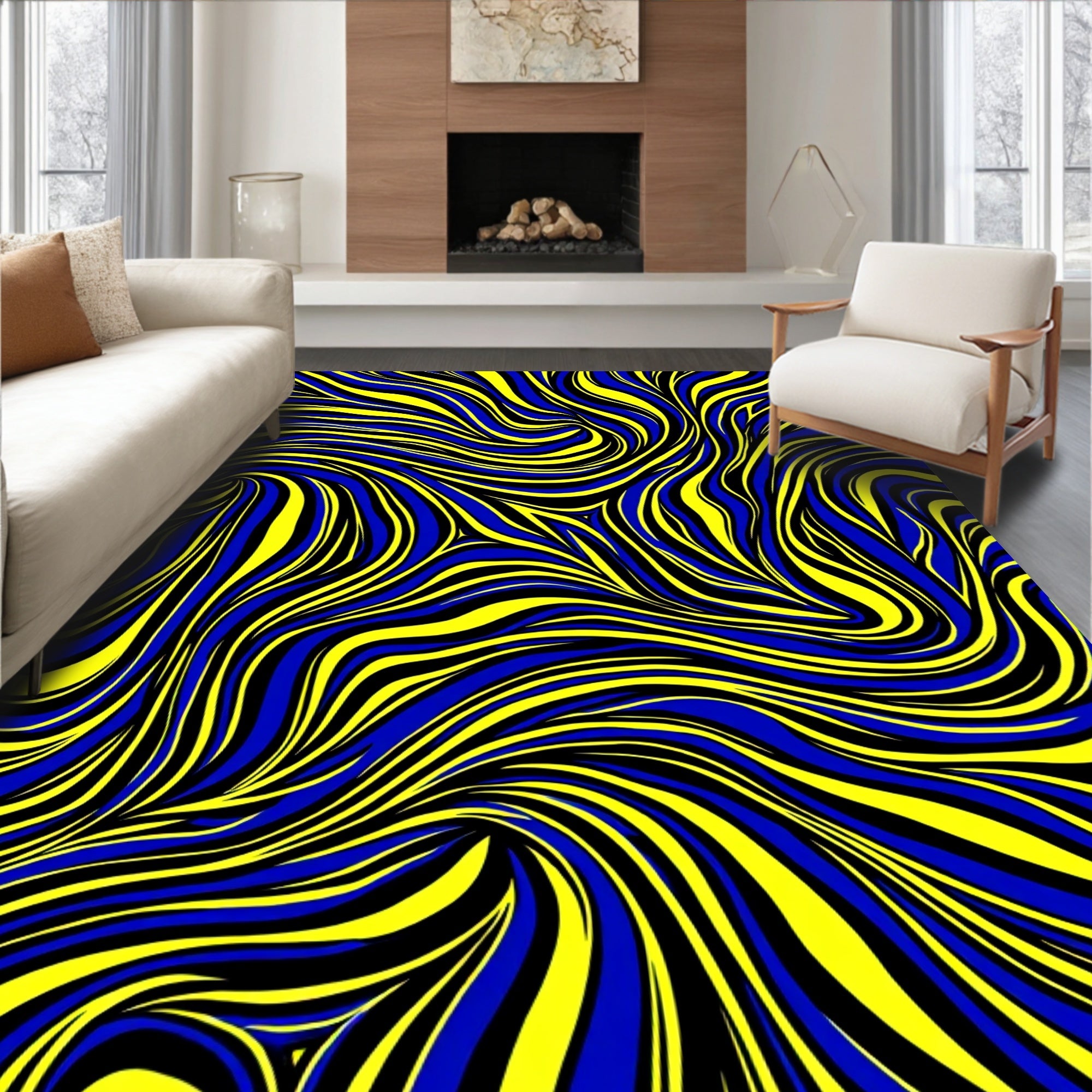 Vibrant Blue Yellow Swirl Rug