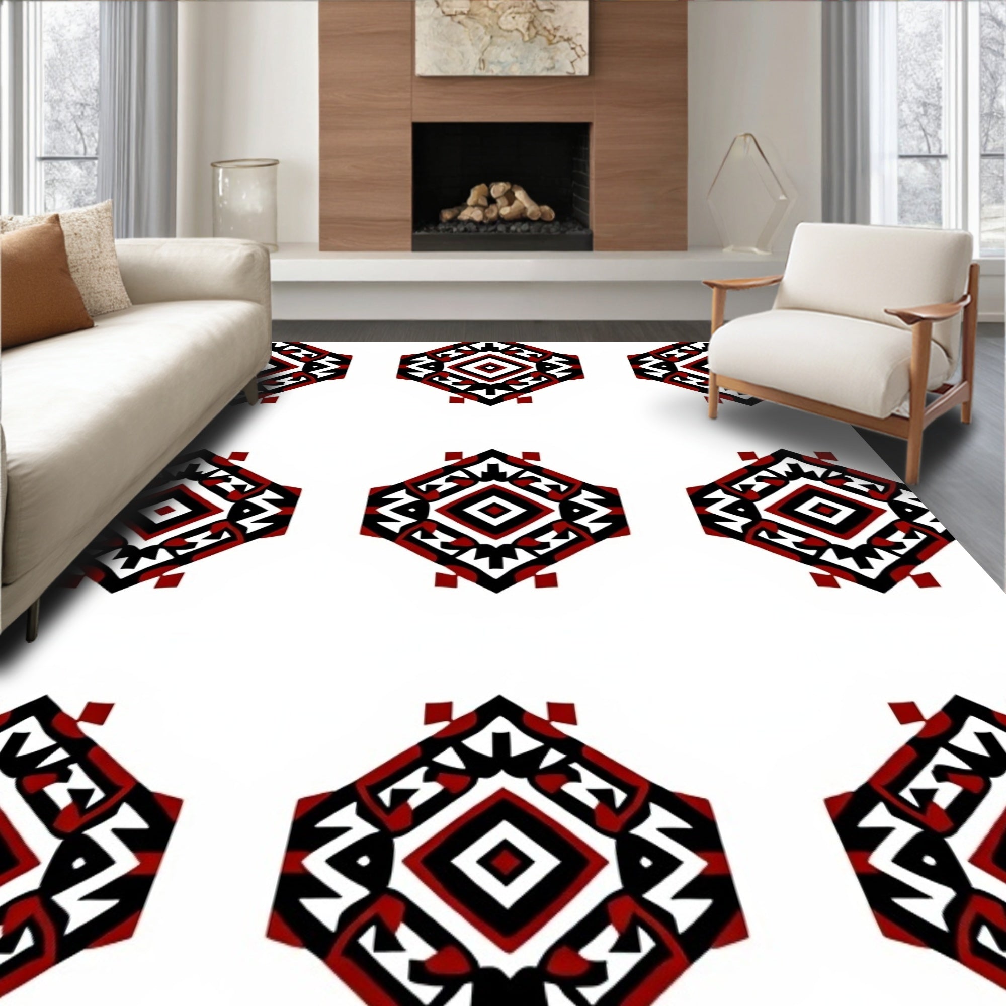 Tribal Red Black Geometric Medallion Rug