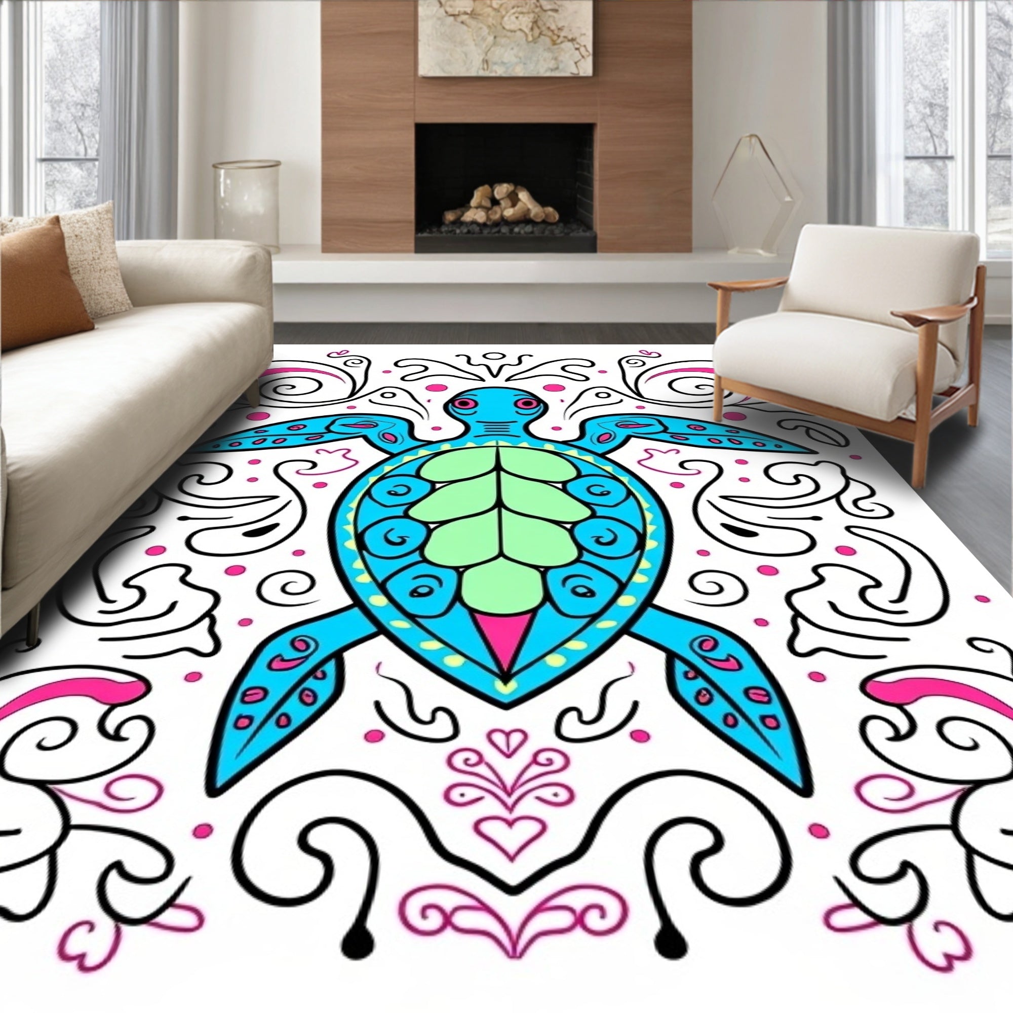 Vibrant Teal Turtle Swirls Pink Accents Rug