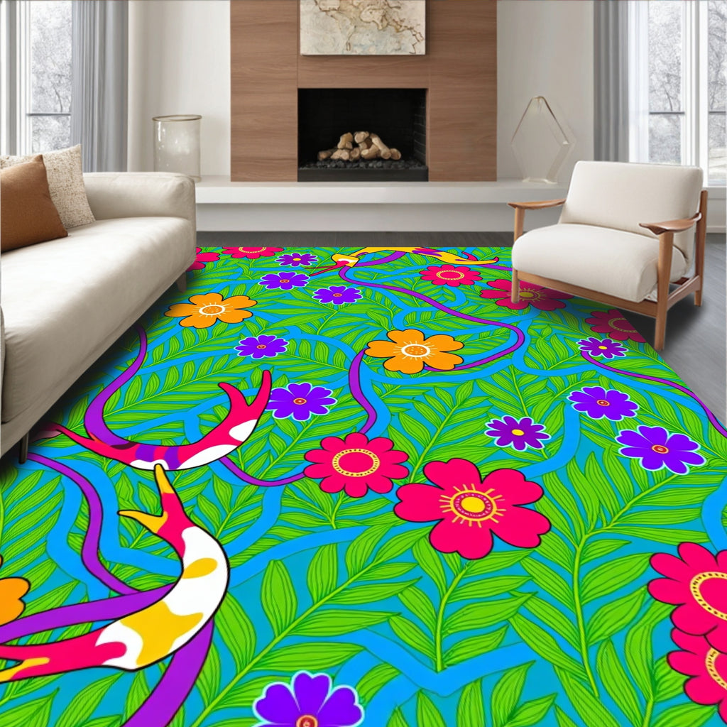 Vibrant Floral Foliage Swirl Rug