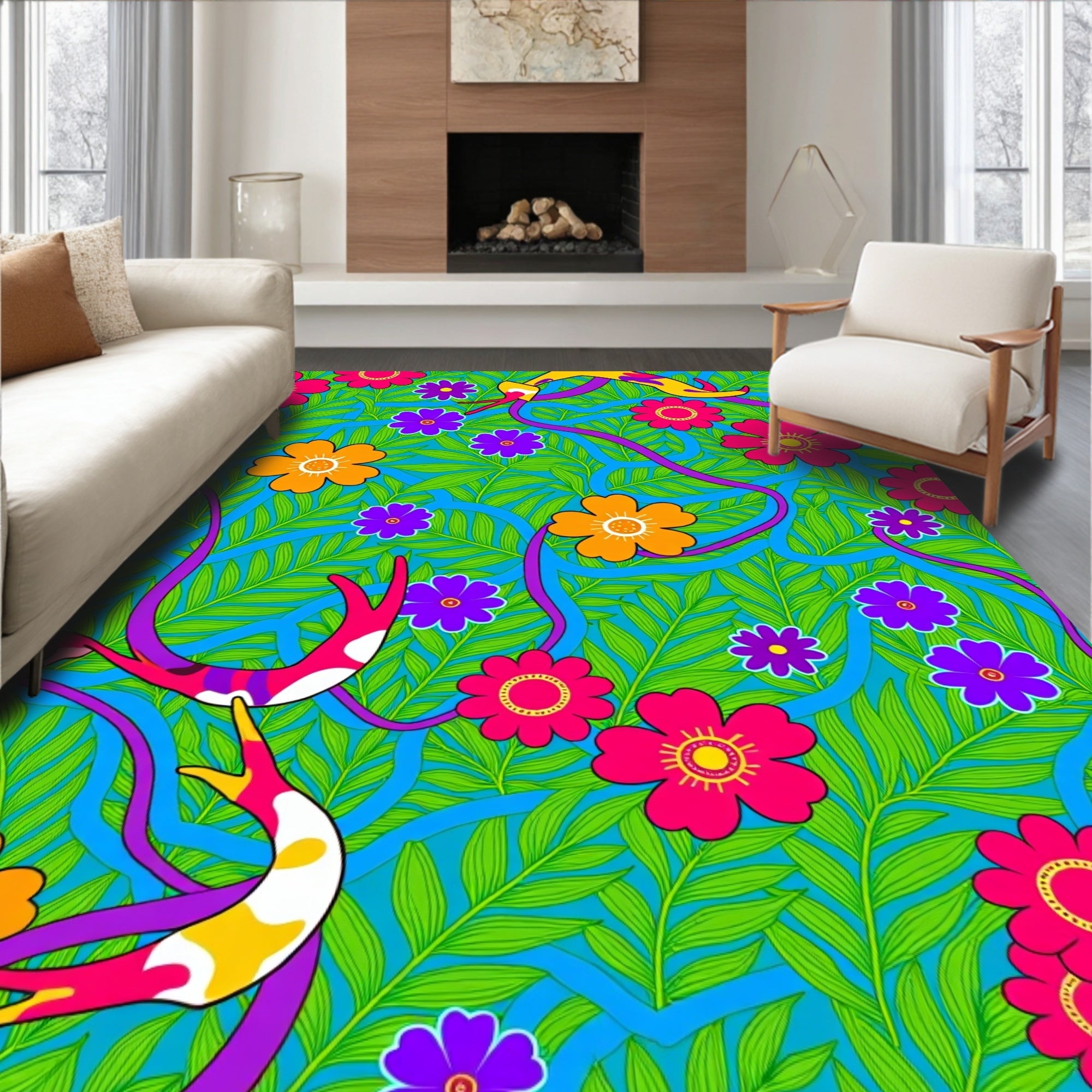 Vibrant Floral Foliage Swirl Rug