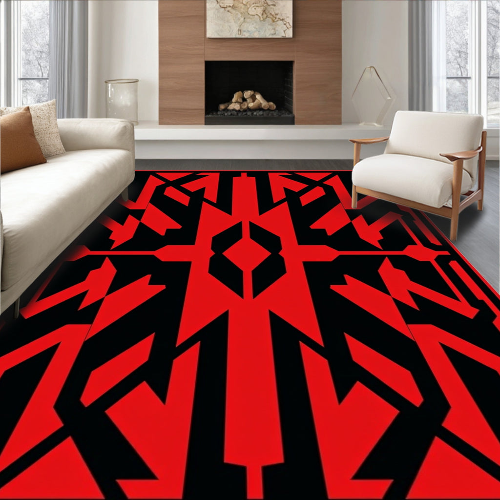 Bold Red Geometric Abstract Fragment Rug